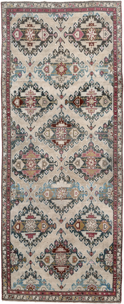 3' x 8' one-of-a-kind handmade vintage Karabagh runner rug. Color palette: ivory, sky blue, rose, charcoal, burgundy, taupe