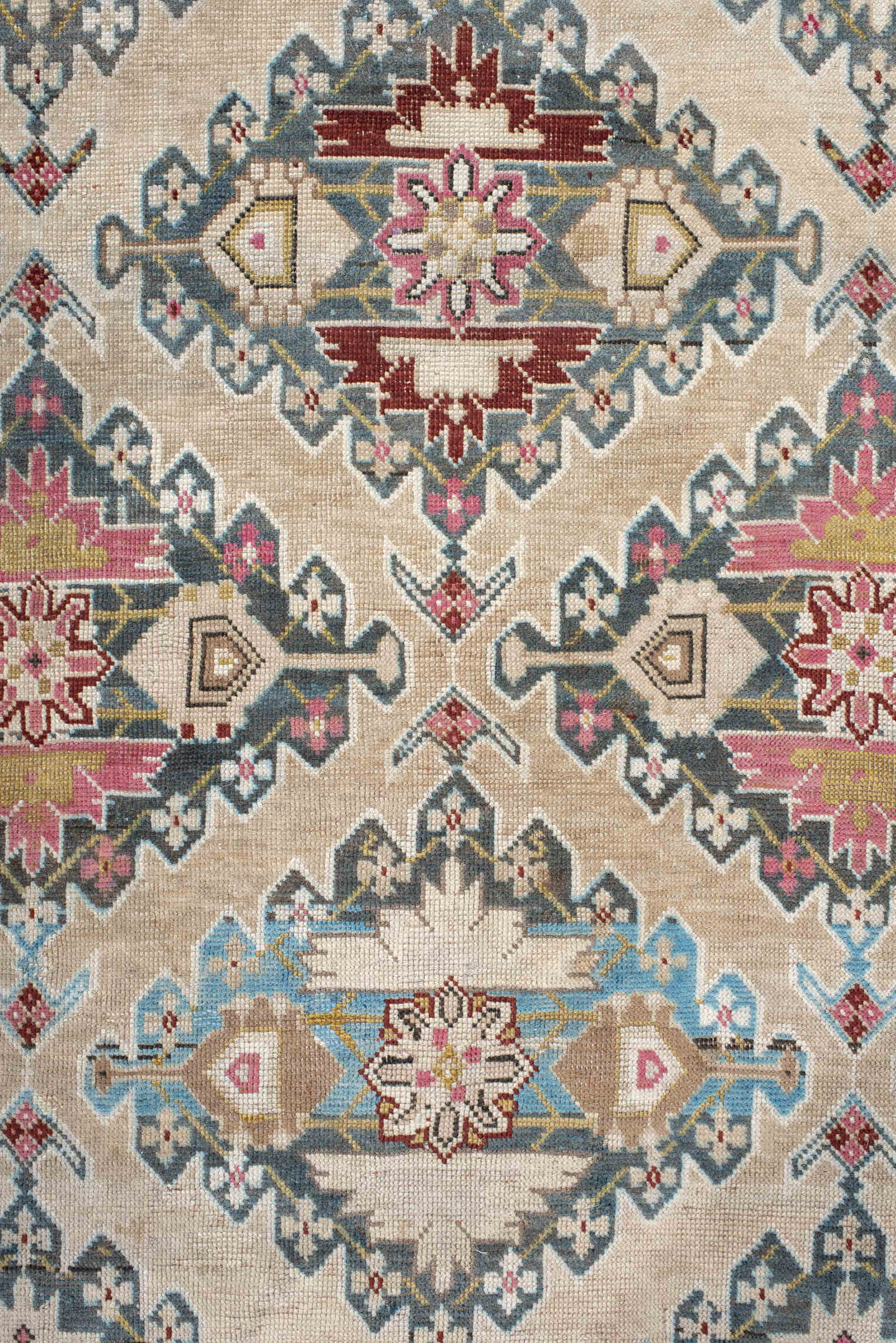 3' x 8' one-of-a-kind handmade vintage Karabagh runner rug. Color palette: ivory, sky blue, rose, charcoal, burgundy, taupe