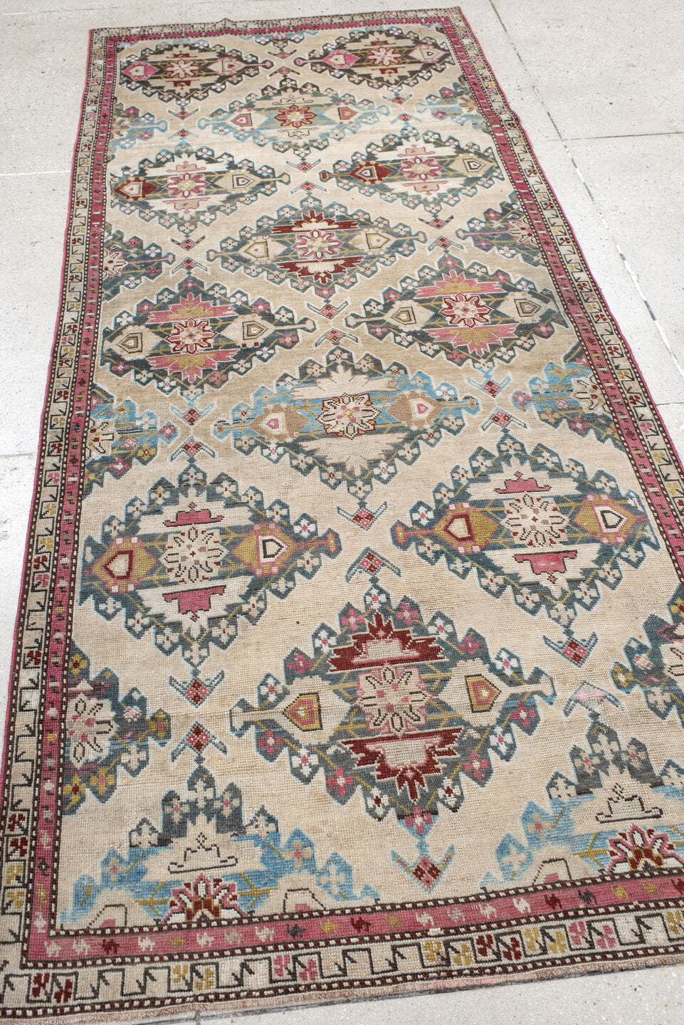 3' x 8' one-of-a-kind handmade vintage Karabagh runner rug. Color palette: ivory, sky blue, rose, charcoal, burgundy, taupe