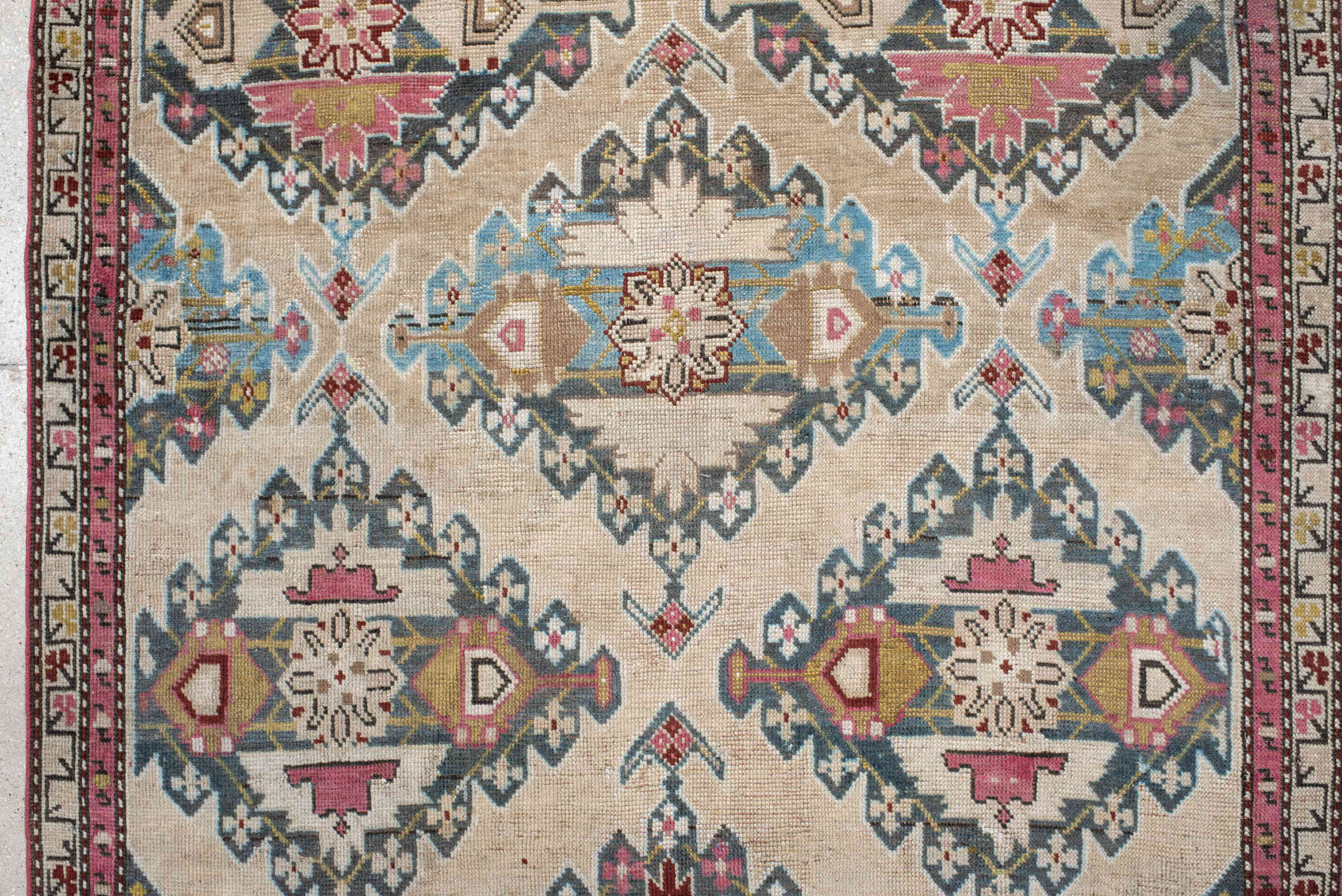 3' x 8' one-of-a-kind handmade vintage Karabagh runner rug. Color palette: ivory, sky blue, rose, charcoal, burgundy, taupe
