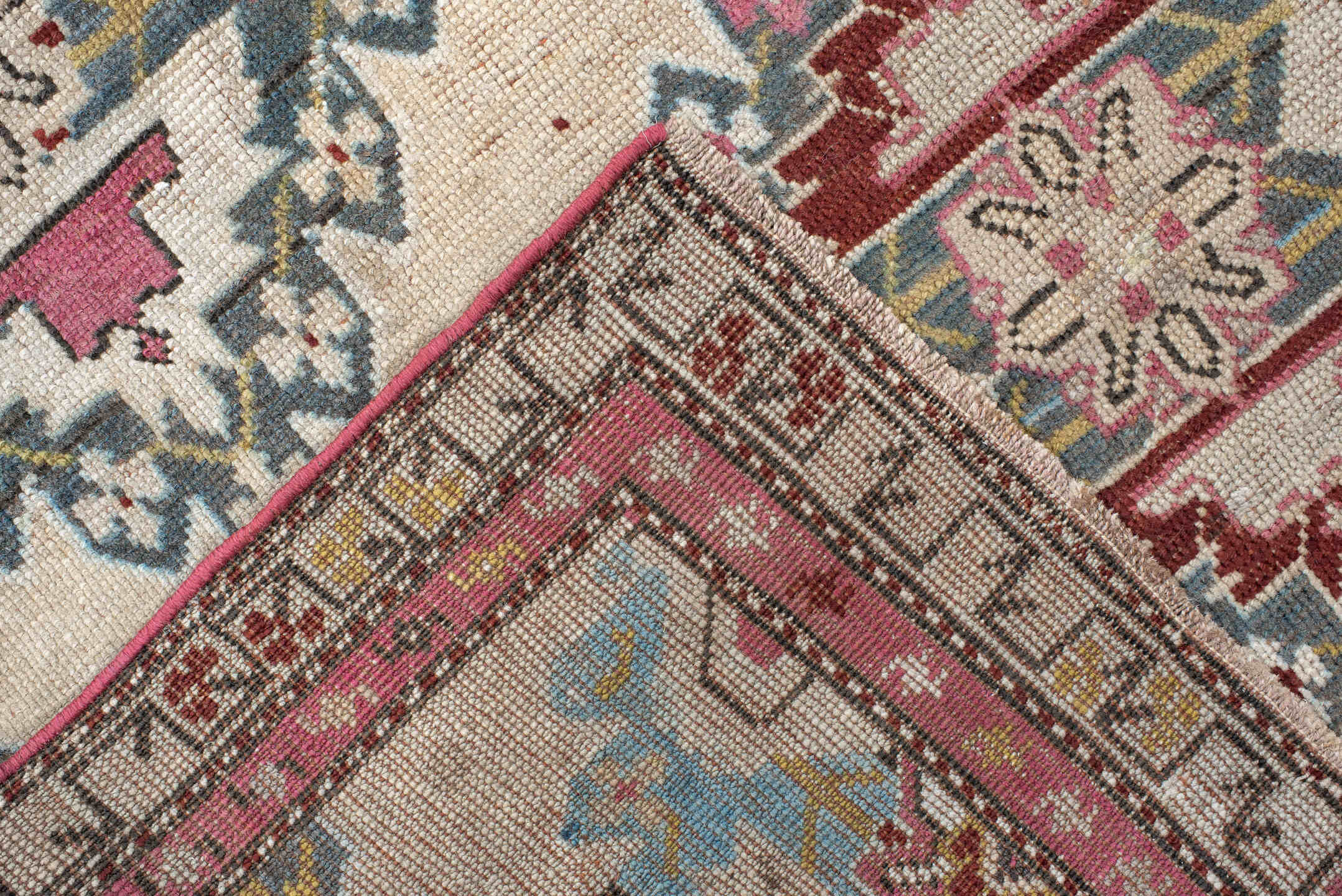 3' x 8' one-of-a-kind handmade vintage Karabagh runner rug. Color palette: ivory, sky blue, rose, charcoal, burgundy, taupe