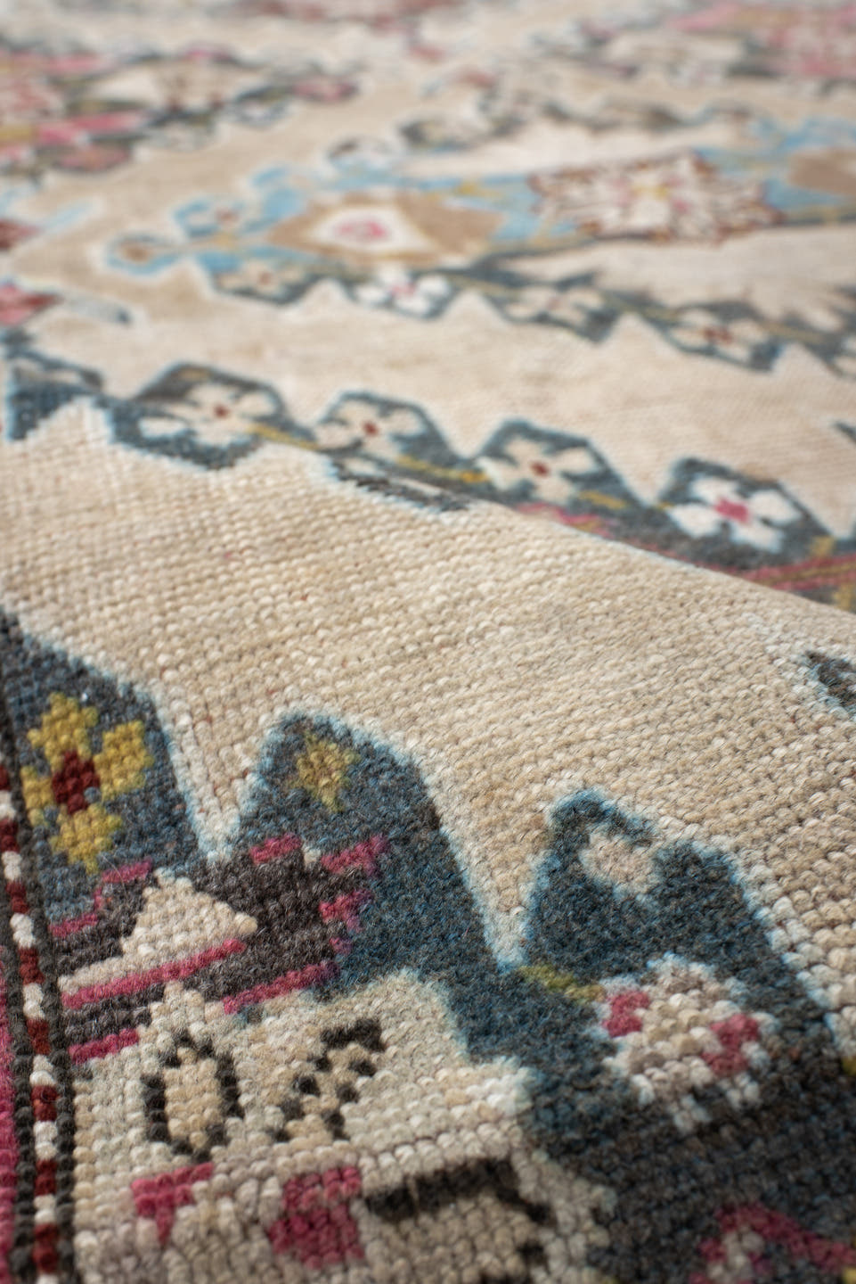 3' x 8' one-of-a-kind handmade vintage Karabagh runner rug. Color palette: ivory, sky blue, rose, charcoal, burgundy, taupe