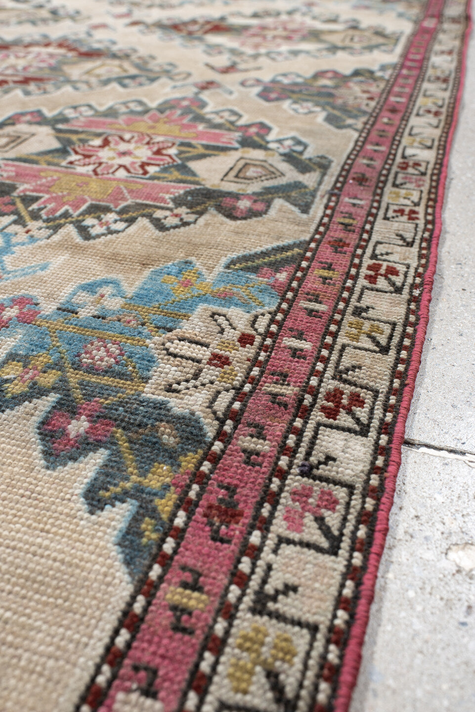 3' x 8' one-of-a-kind handmade vintage Karabagh runner rug. Color palette: ivory, sky blue, rose, charcoal, burgundy, taupe