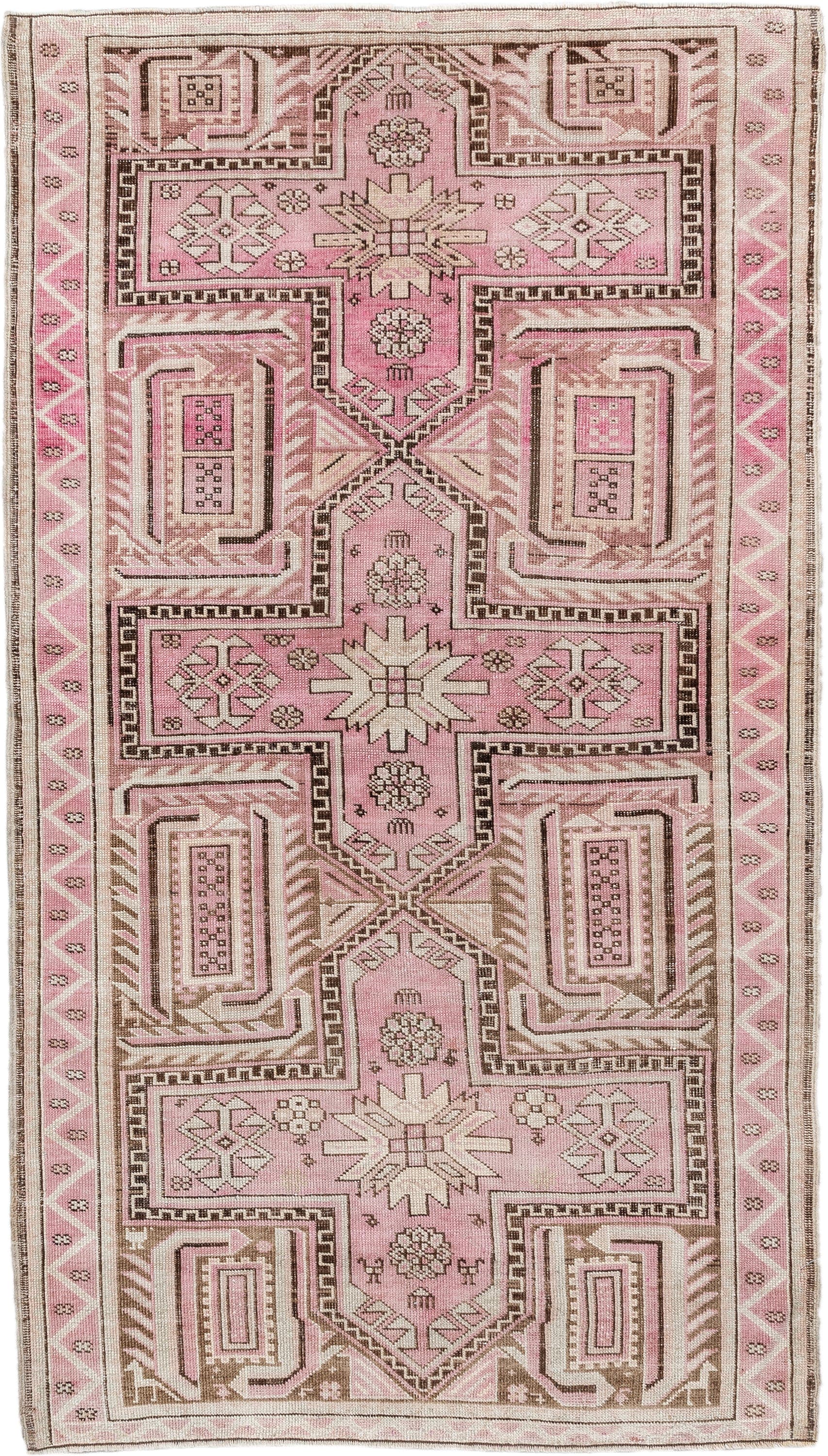 3' x 6' one-of-a-kind handmade vintage Caucasian small size rug. Color palette: pink, ivory, taupe, brown, rose, beige, gray