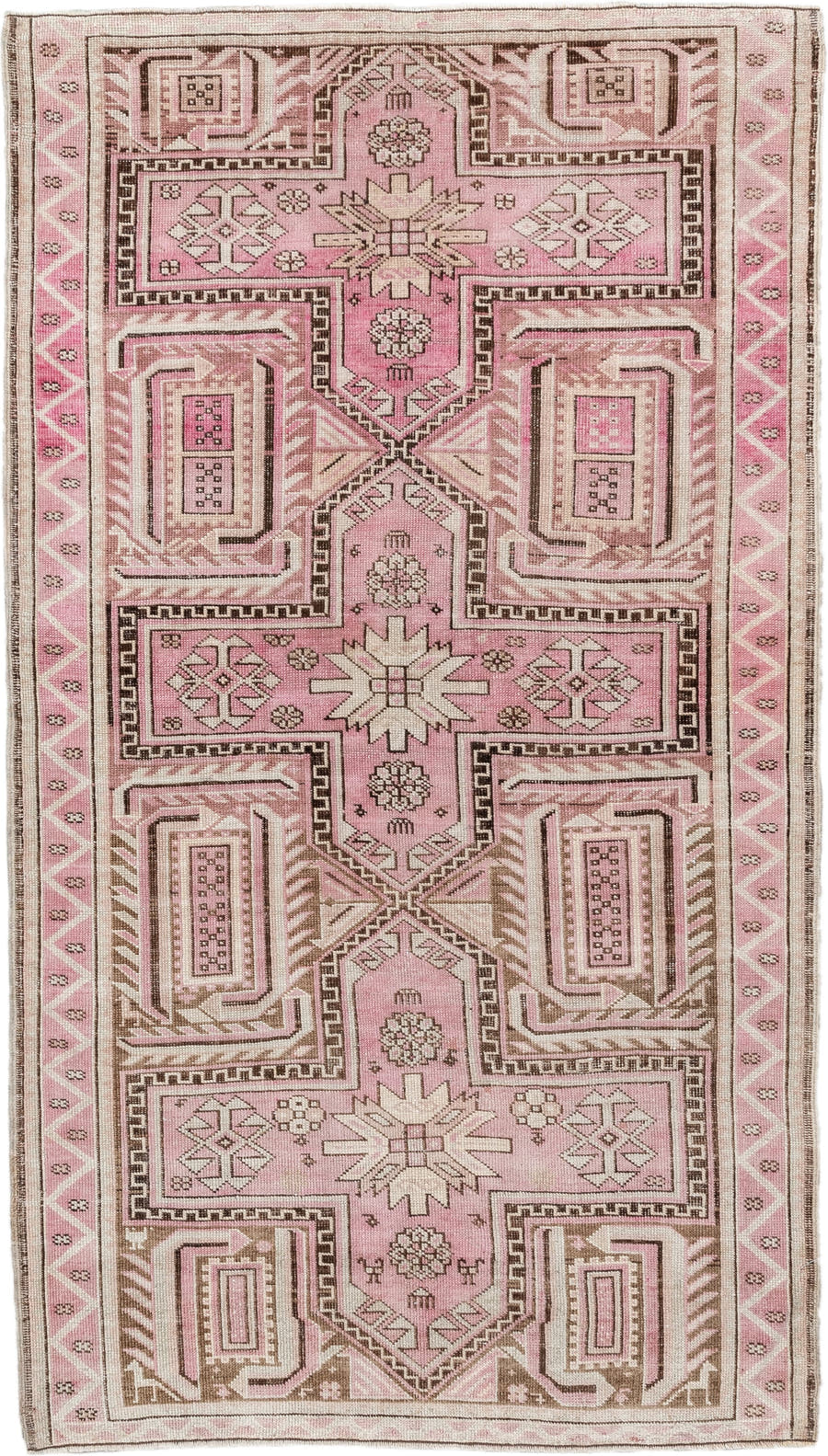 3' x 6' one-of-a-kind handmade vintage Caucasian small size rug. Color palette: pink, ivory, taupe, brown, rose, beige, gray
