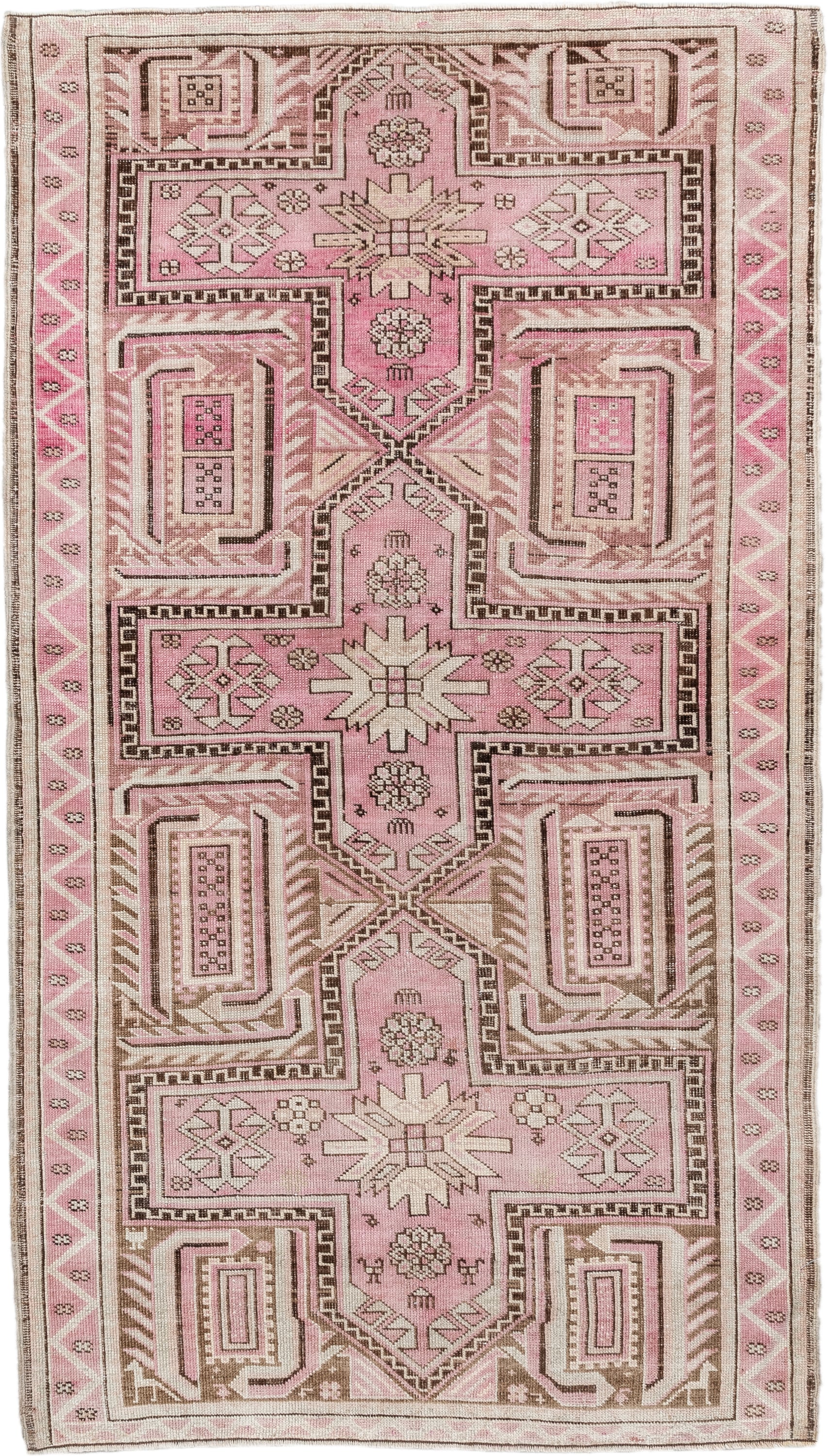 3' x 6' one-of-a-kind handmade vintage Caucasian small size rug. Color palette: pink, ivory, taupe, brown, rose, beige, gray
