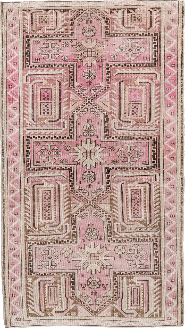 3' x 6' one-of-a-kind handmade vintage Caucasian small size rug. Color palette: brown, gray, light gray, misty rose