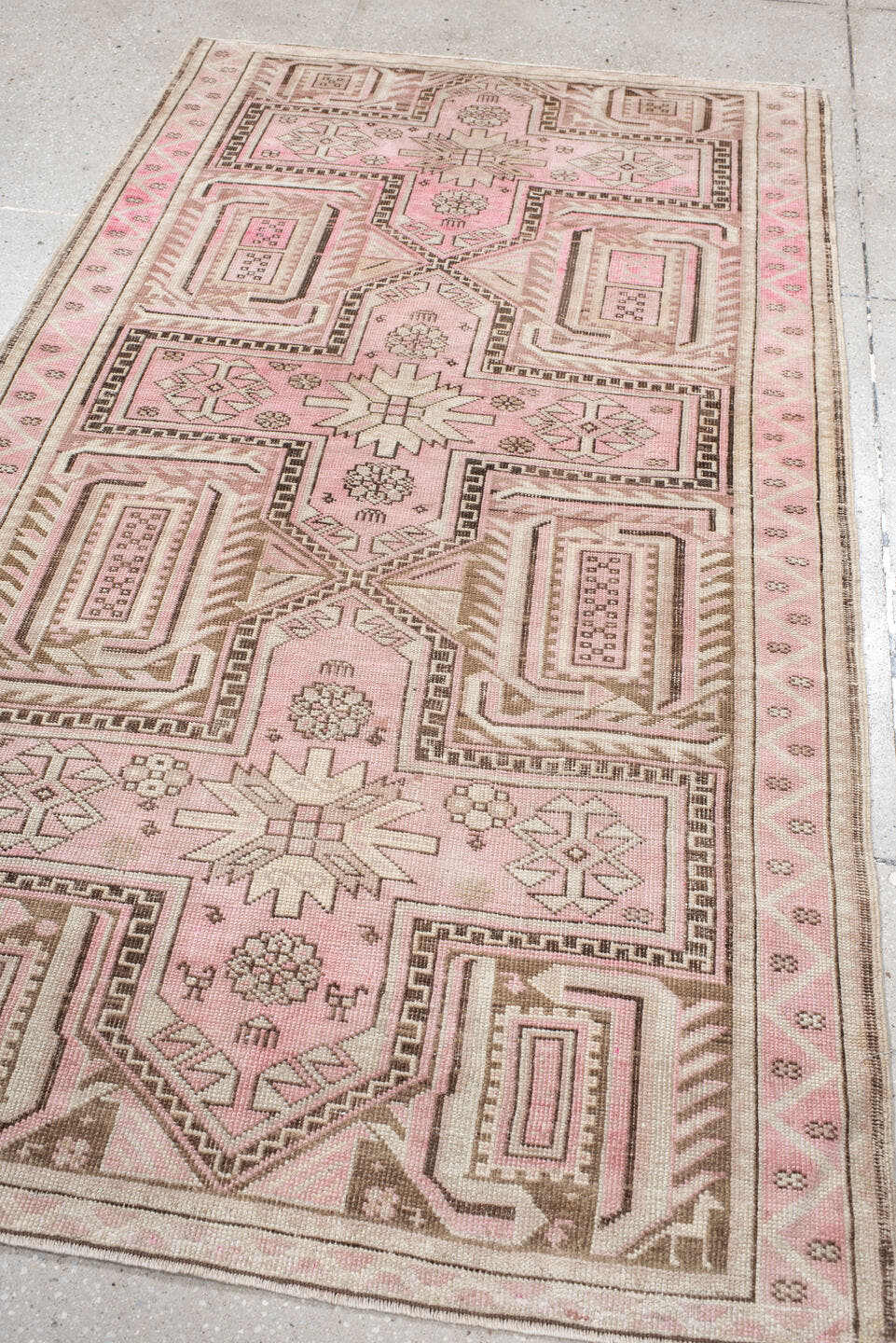 3' x 6' one-of-a-kind handmade vintage Caucasian small size rug. Color palette: pink, ivory, taupe, brown, rose, beige, gray