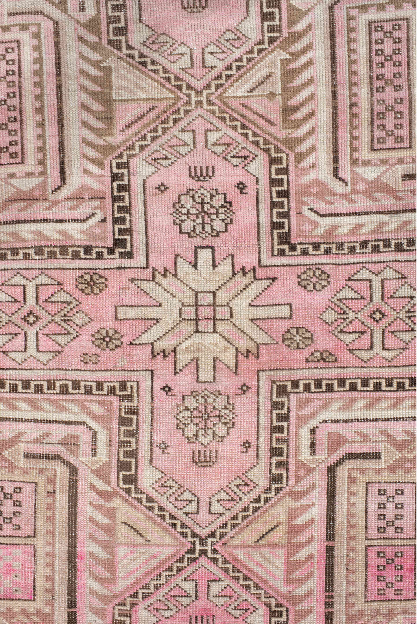 3' x 6' one-of-a-kind handmade vintage Caucasian small size rug. Color palette: brown, gray, light gray, misty rose