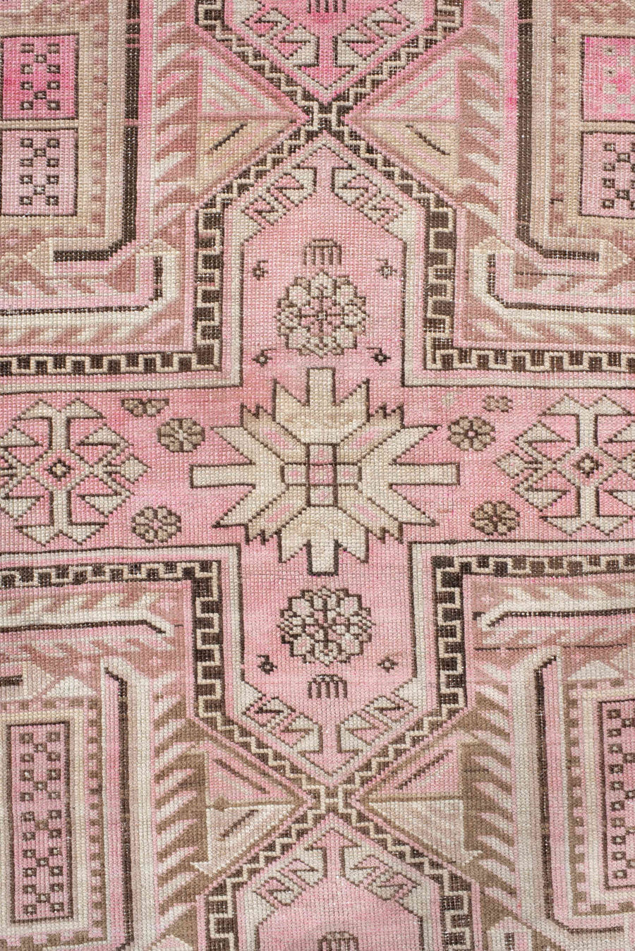3' x 6' one-of-a-kind handmade vintage Caucasian small size rug. Color palette: pink, ivory, taupe, brown, rose, beige, gray