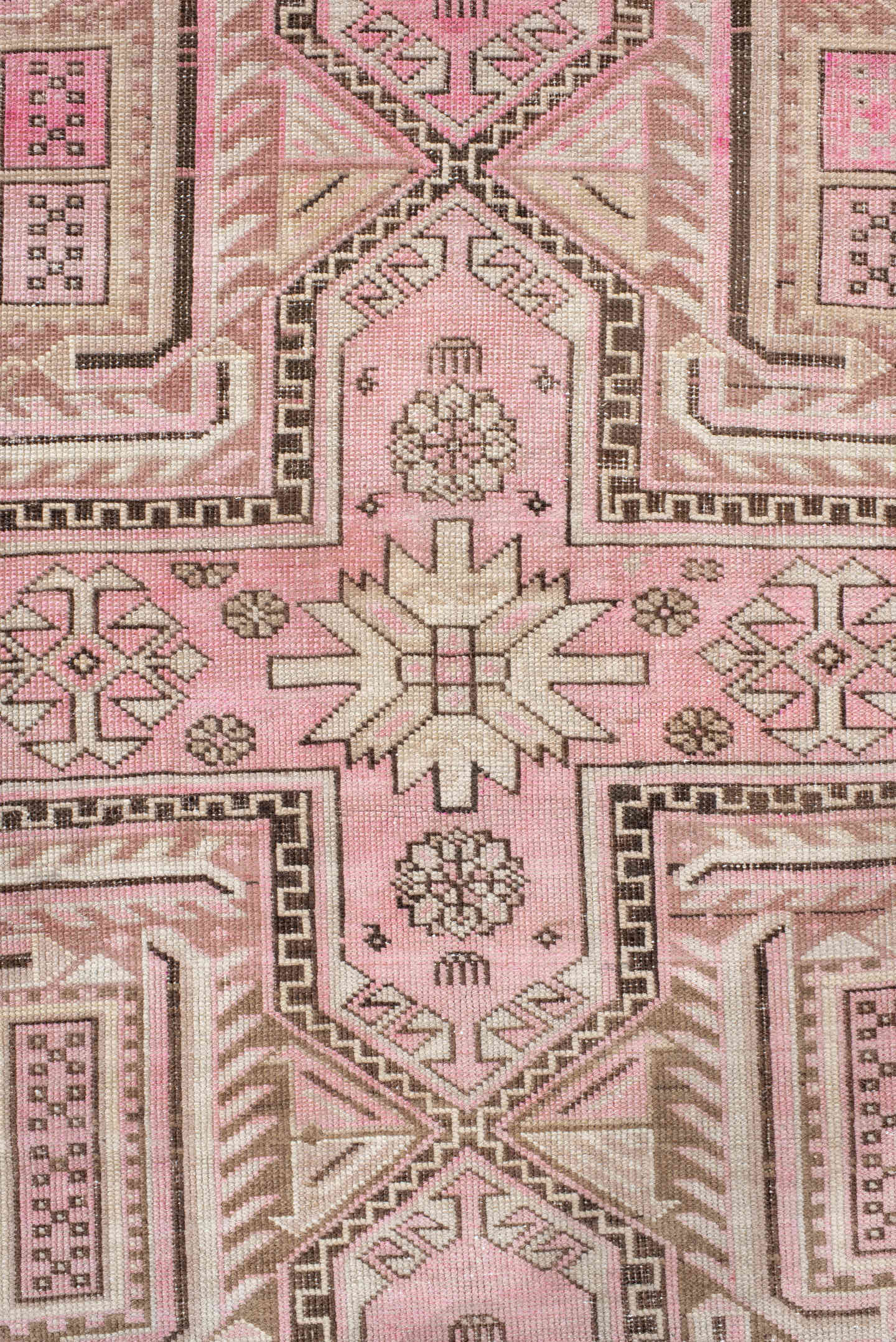 3' x 6' one-of-a-kind handmade vintage Caucasian small size rug. Color palette: pink, ivory, taupe, brown, rose, beige, gray