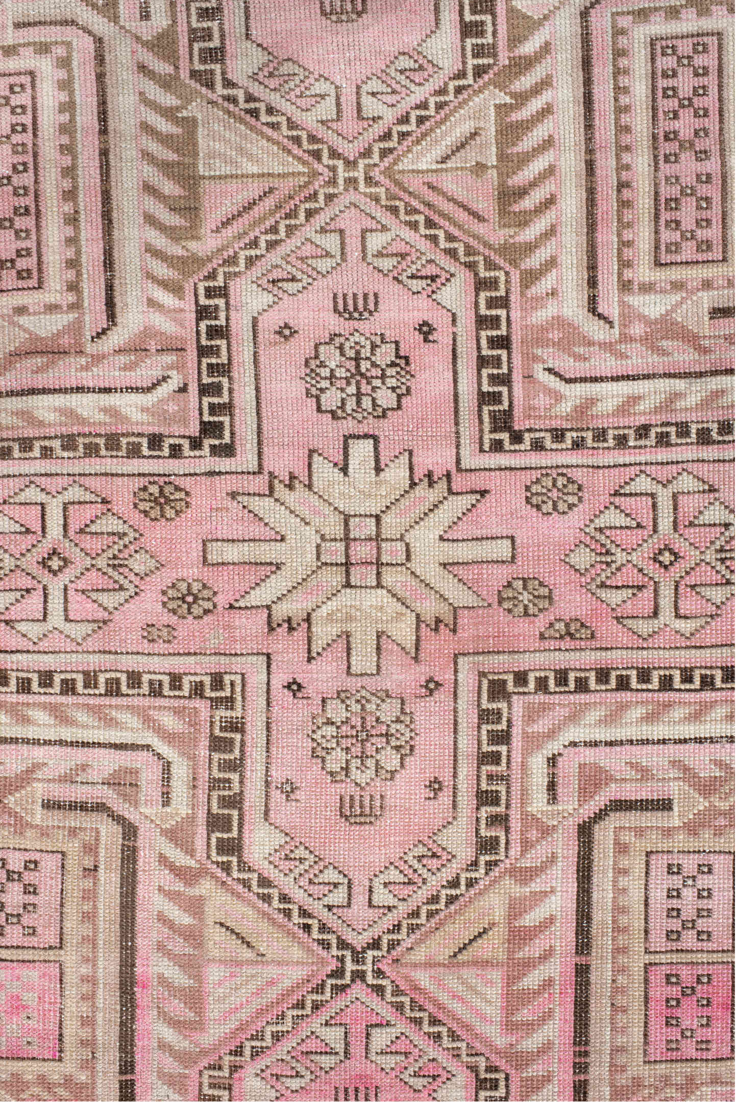 3' x 6' one-of-a-kind handmade vintage Caucasian small size rug. Color palette: brown, gray, light gray, misty rose