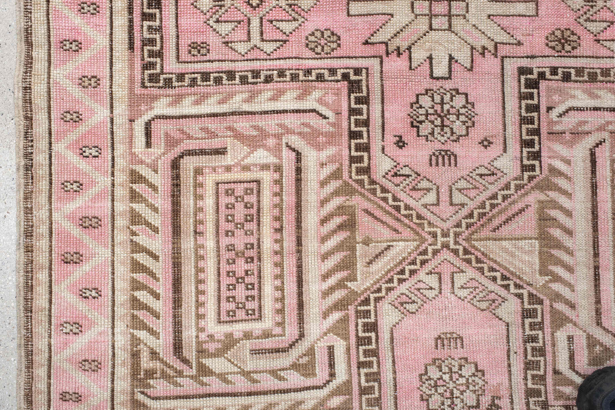 3' x 6' one-of-a-kind handmade vintage Caucasian small size rug. Color palette: pink, ivory, taupe, brown, rose, beige, gray
