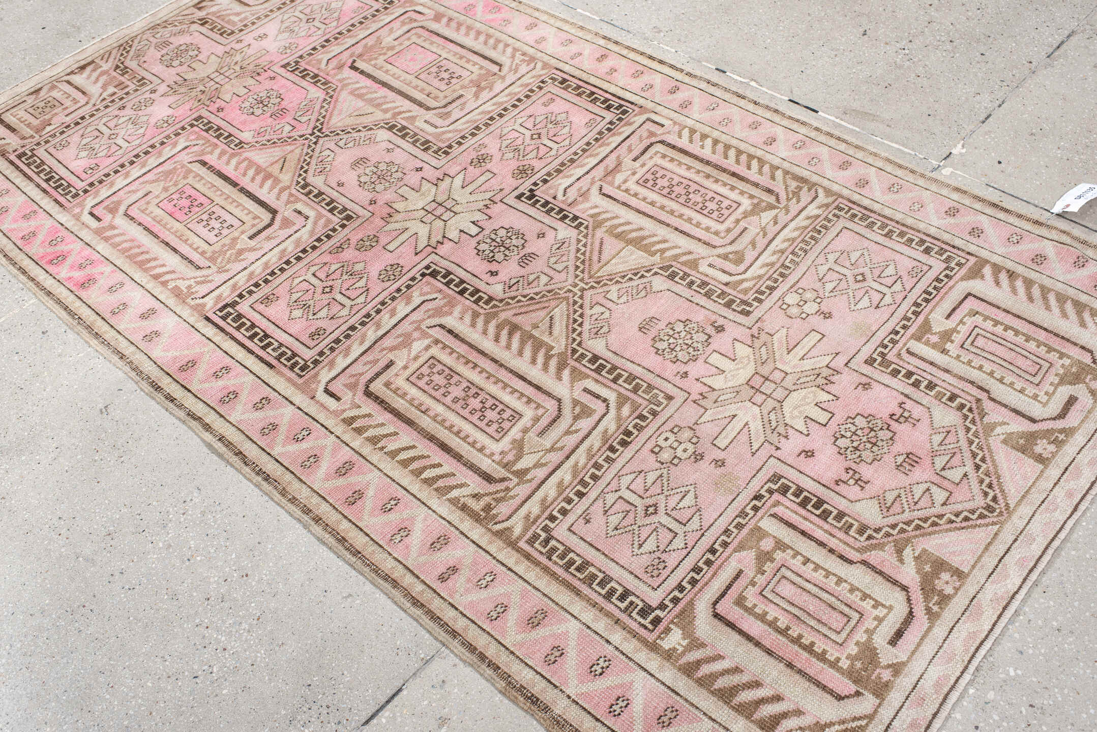 3' x 6' one-of-a-kind handmade vintage Caucasian small size rug. Color palette: pink, ivory, taupe, brown, rose, beige, gray