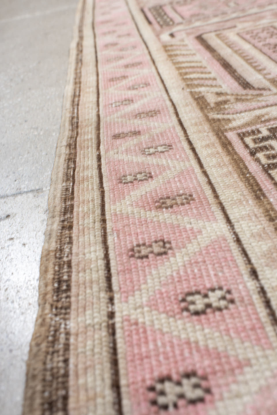 3' x 6' one-of-a-kind handmade vintage Caucasian small size rug. Color palette: pink, ivory, taupe, brown, rose, beige, gray