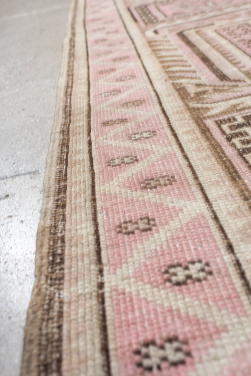 3' x 6' one-of-a-kind handmade vintage Caucasian small size rug. Color palette: pink, ivory, taupe, brown, rose, beige, gray