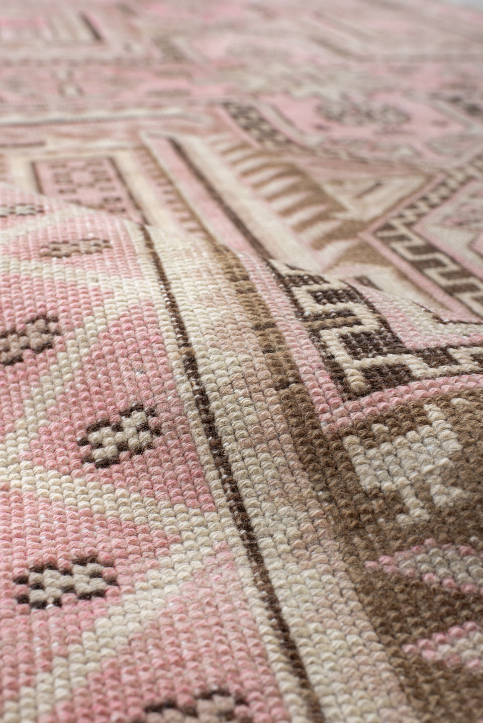 3' x 6' one-of-a-kind handmade vintage Caucasian small size rug. Color palette: pink, ivory, taupe, brown, rose, beige, gray