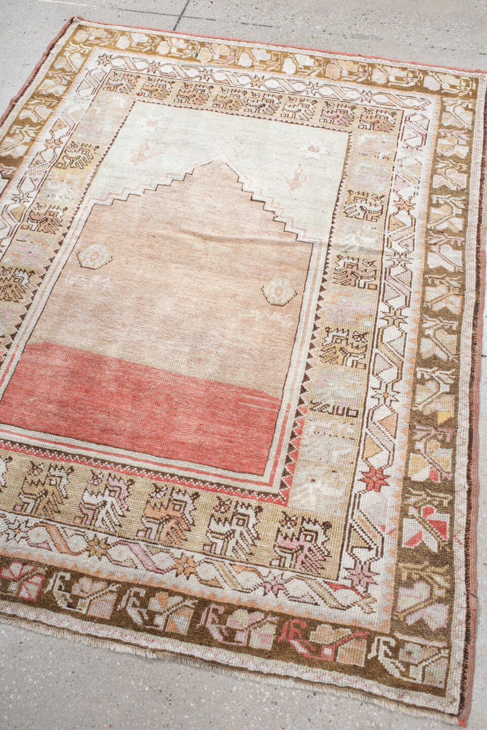 3' x 5' one-of-a-kind handmade vintage Anatol small size rug. Color palette: antiquewhite, brown, gray, light gray, linen