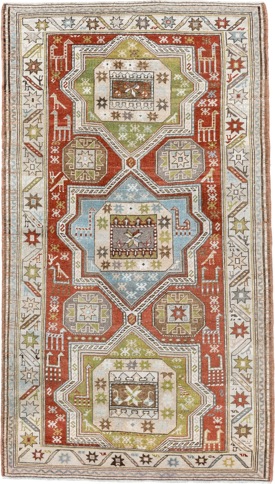 3' x 6' one-of-a-kind handmade vintage Caucasian small size rug. Color palette: rust, ivory, sage, sky blue, taupe, brown