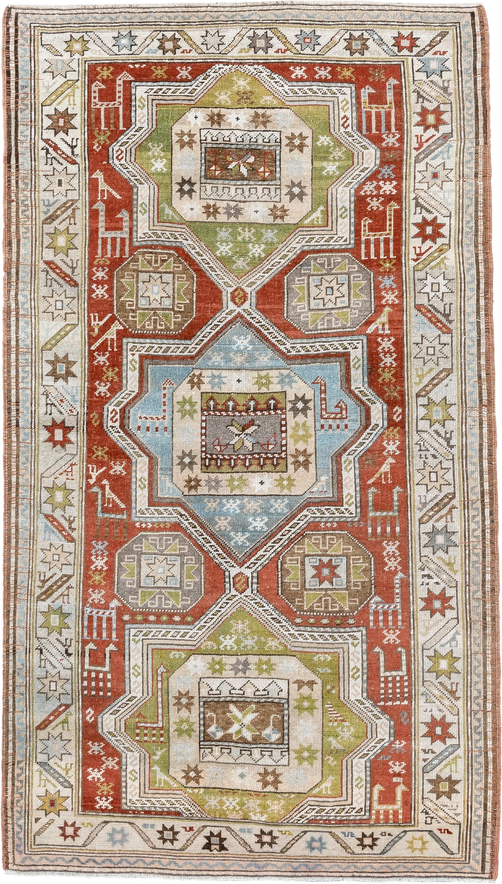 3' x 6' one-of-a-kind handmade vintage Caucasian small size rug. Color palette: rust, ivory, sage, sky blue, taupe, brown