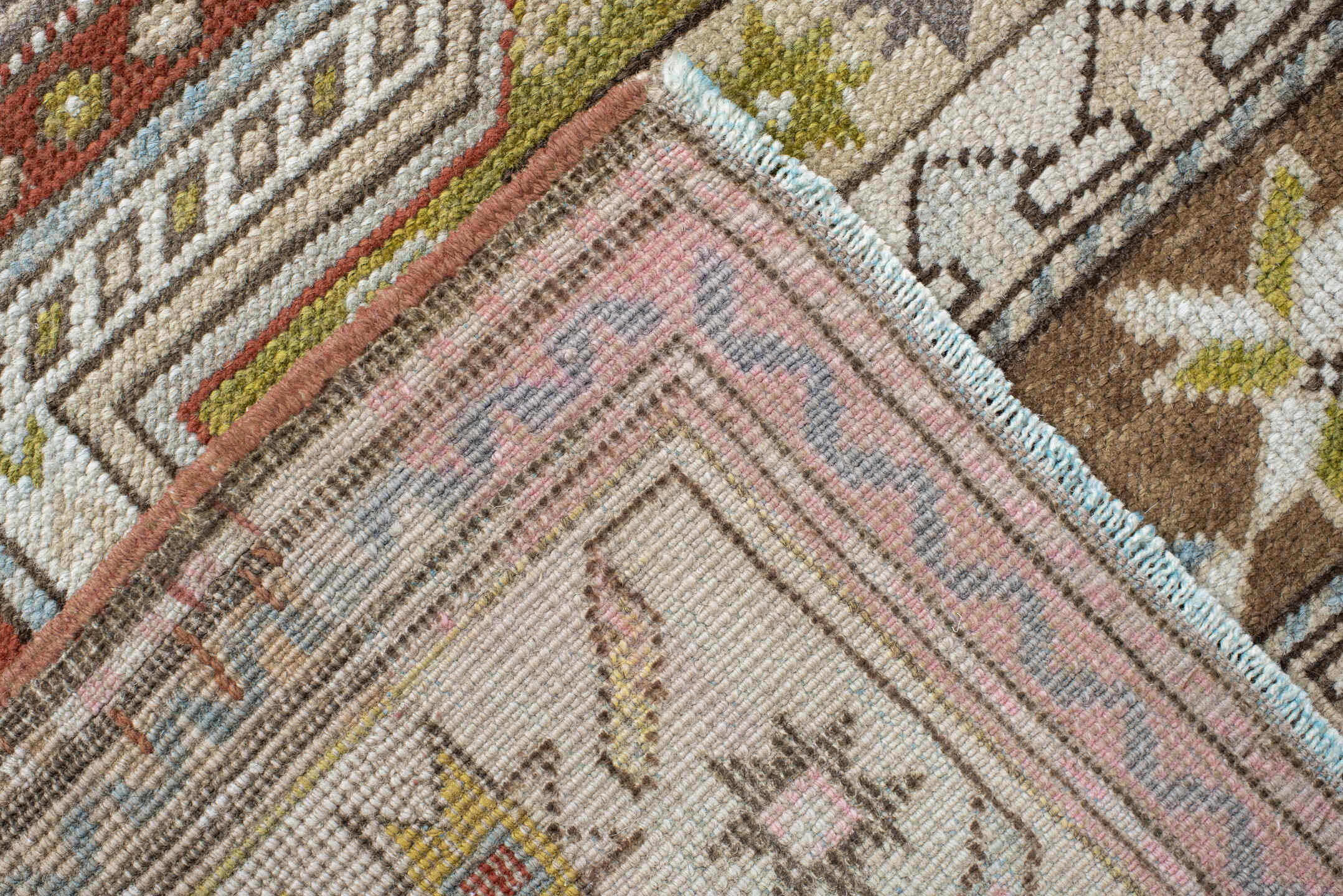 3' x 6' one-of-a-kind handmade vintage Caucasian small size rug. Color palette: rust, ivory, sage, sky blue, taupe, brown