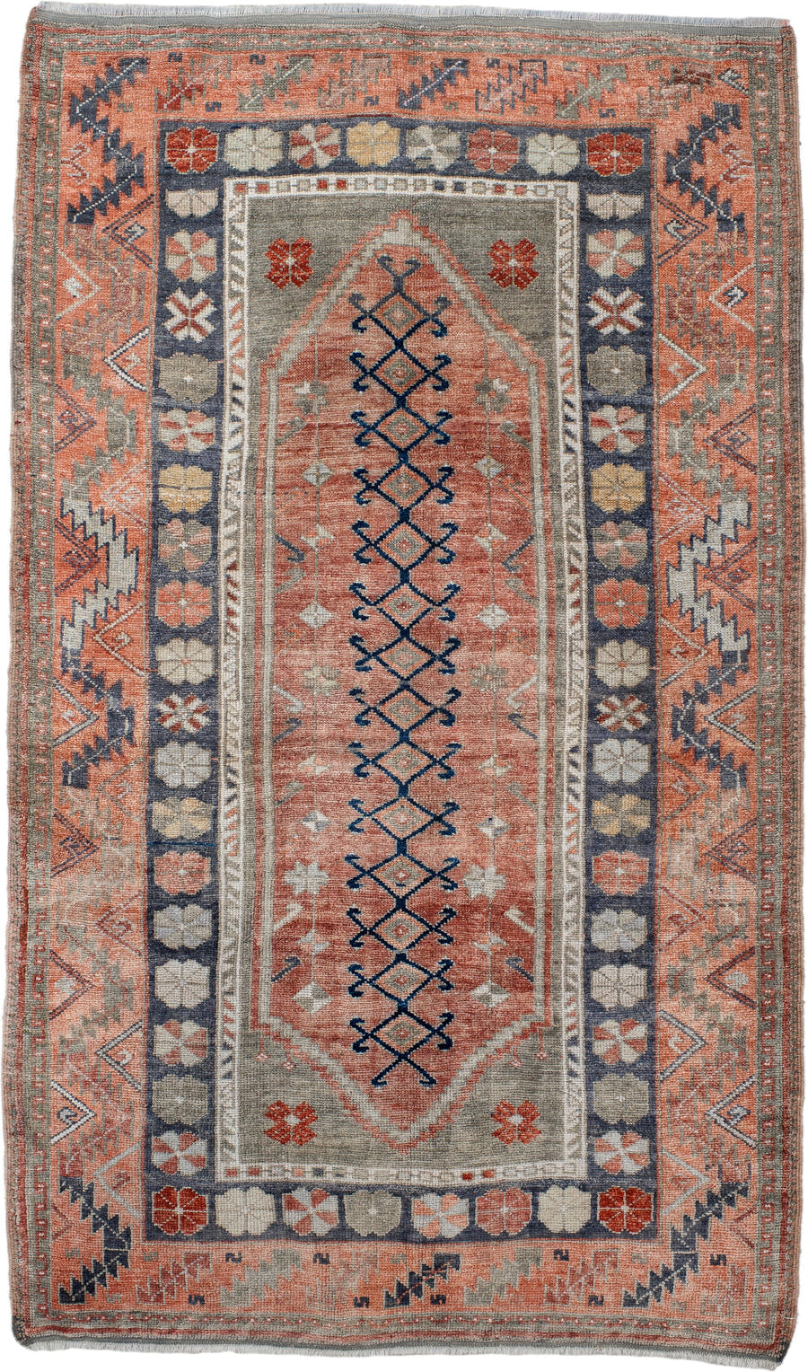 4' x 6' one-of-a-kind handmade antique Anatolian rug. Color palette: coral, gray, navy, ivory, rust, taupe, terracotta, blue