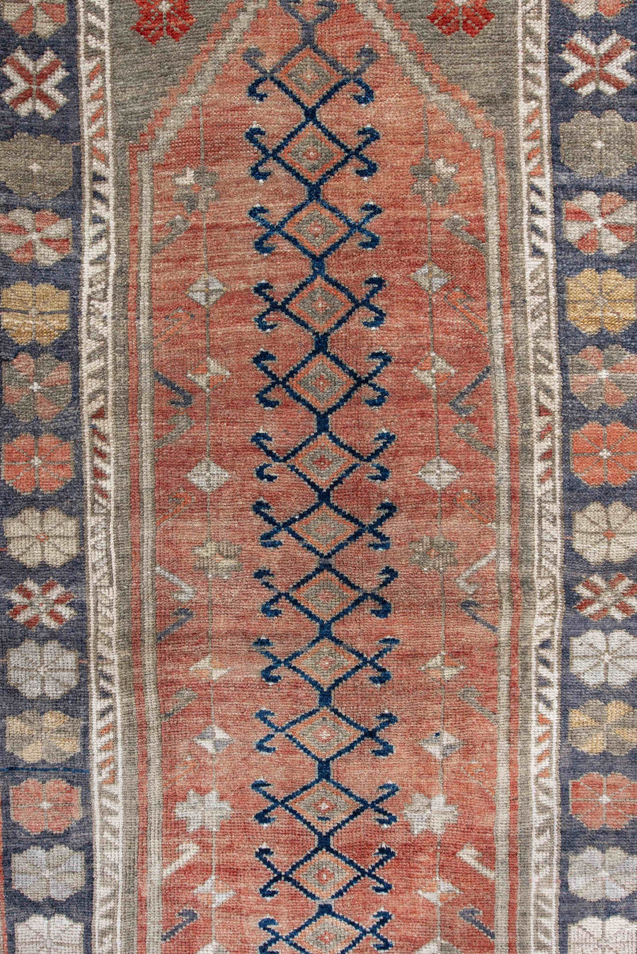 4' x 6' one-of-a-kind handmade antique Anatolian rug. Color palette: coral, gray, navy, ivory, rust, taupe, terracotta, blue