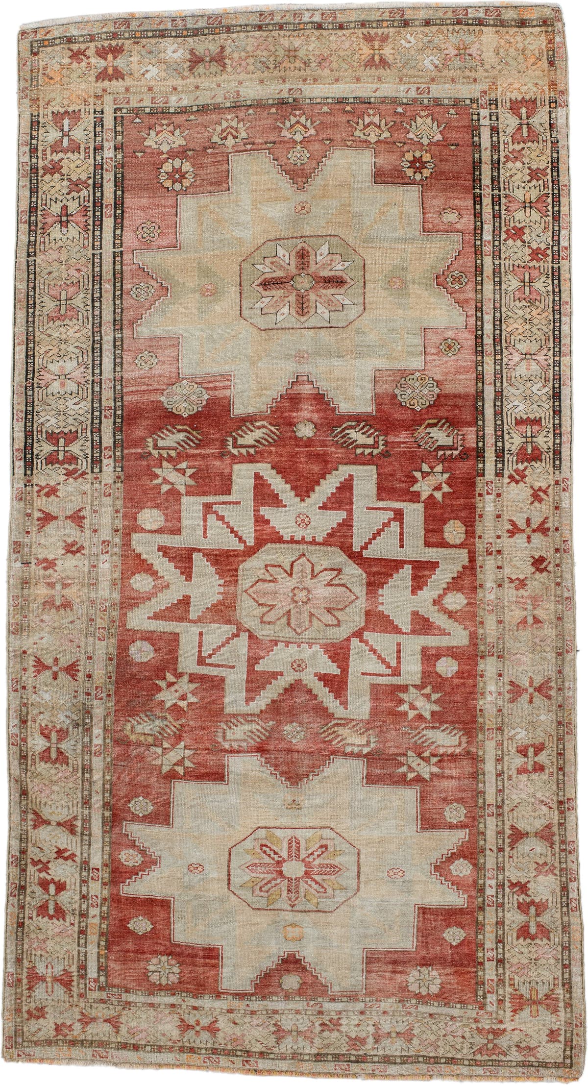 4' x 8' one-of-a-kind handmade antique Anatolian rug. Color palette: rust, ivory, cream, rose, terra cotta, beige, sage