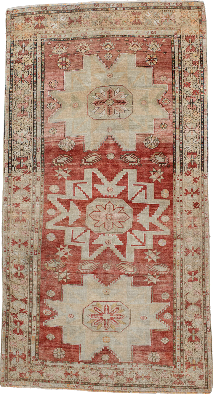 4' x 8' one-of-a-kind handmade vintage Anatolian rug. Color palette: brown, gray, light gray, off-white, orange, pink, red