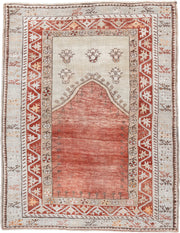 4' x 5' one-of-a-kind handmade antique Anatolian small size rug. Color palette: ivory, terra cotta, rust, taupe, brown