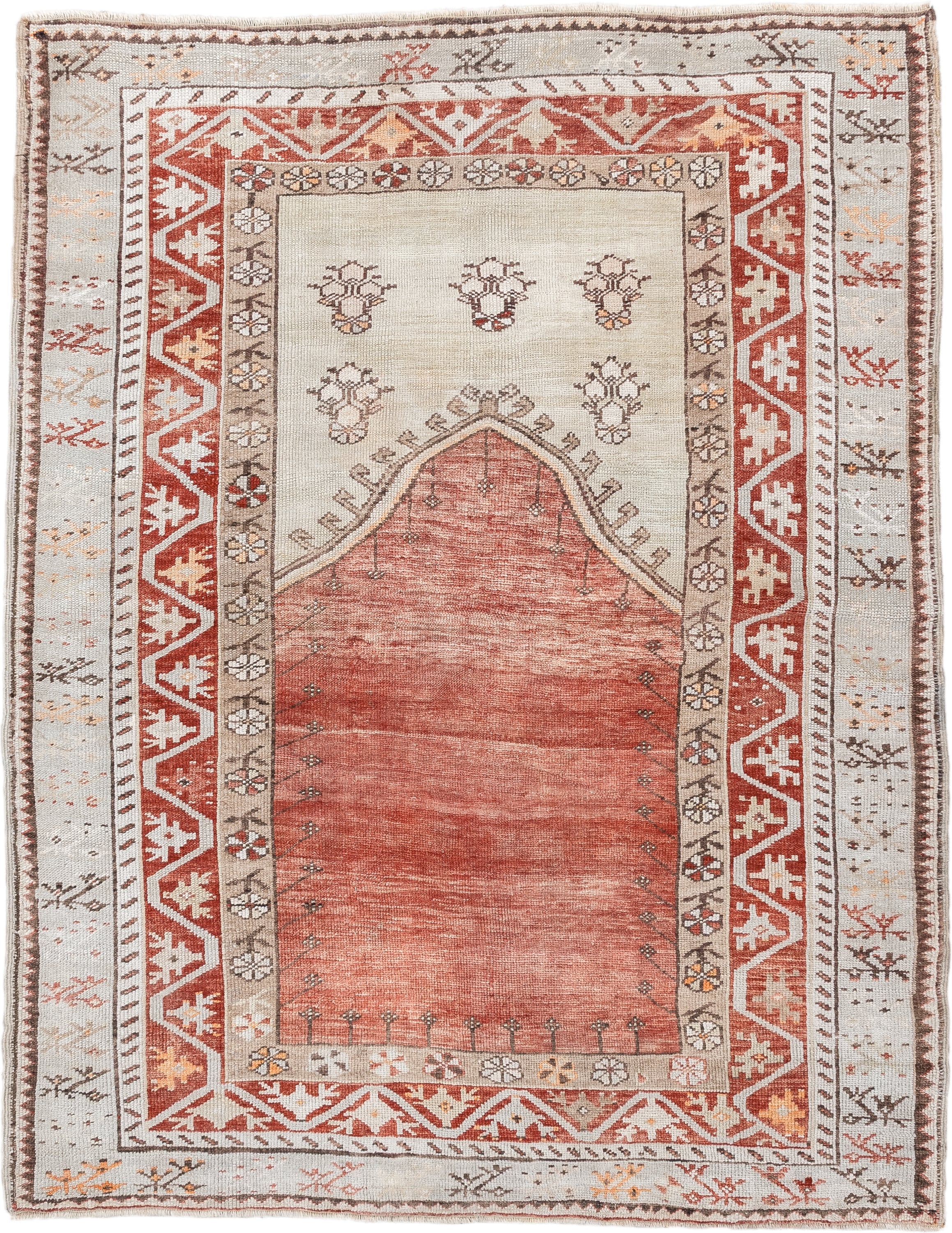 4' x 5' one-of-a-kind handmade antique Anatolian small size rug. Color palette: ivory, terra cotta, rust, taupe, brown