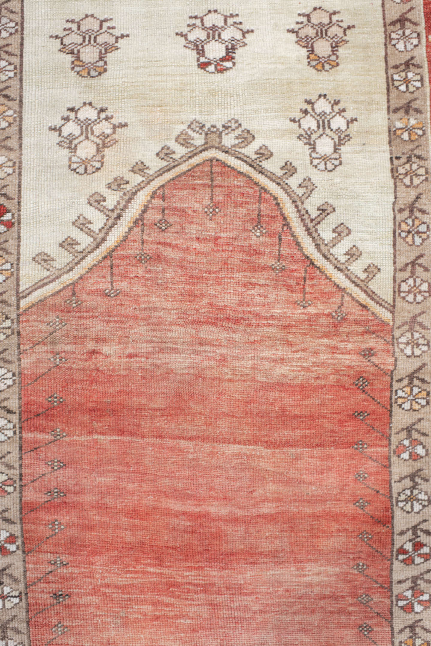 4' x 5' one-of-a-kind handmade antique Anatolian small size rug. Color palette: ivory, terra cotta, rust, taupe, brown