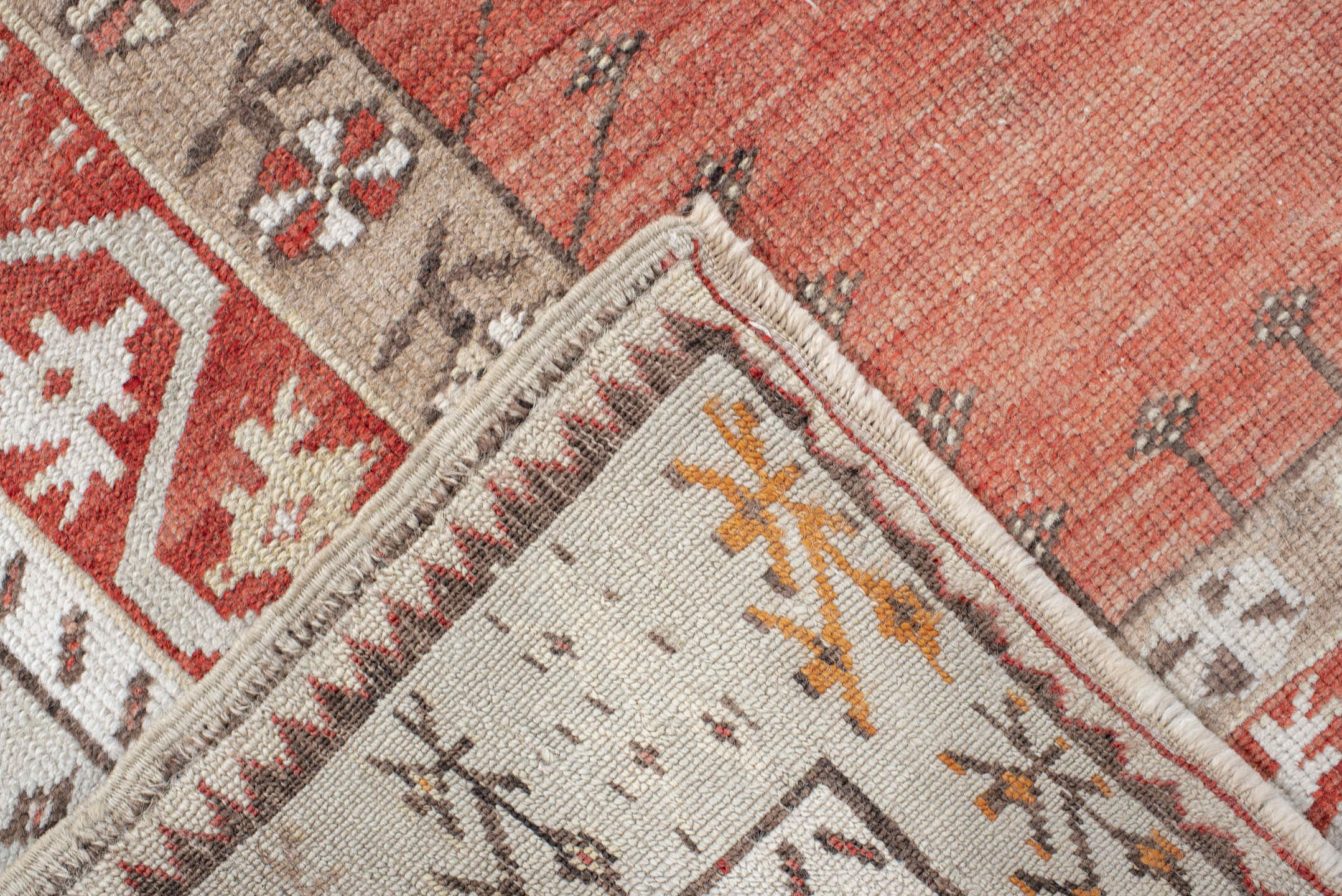 4' x 5' one-of-a-kind handmade antique Anatolian small size rug. Color palette: ivory, terra cotta, rust, taupe, brown