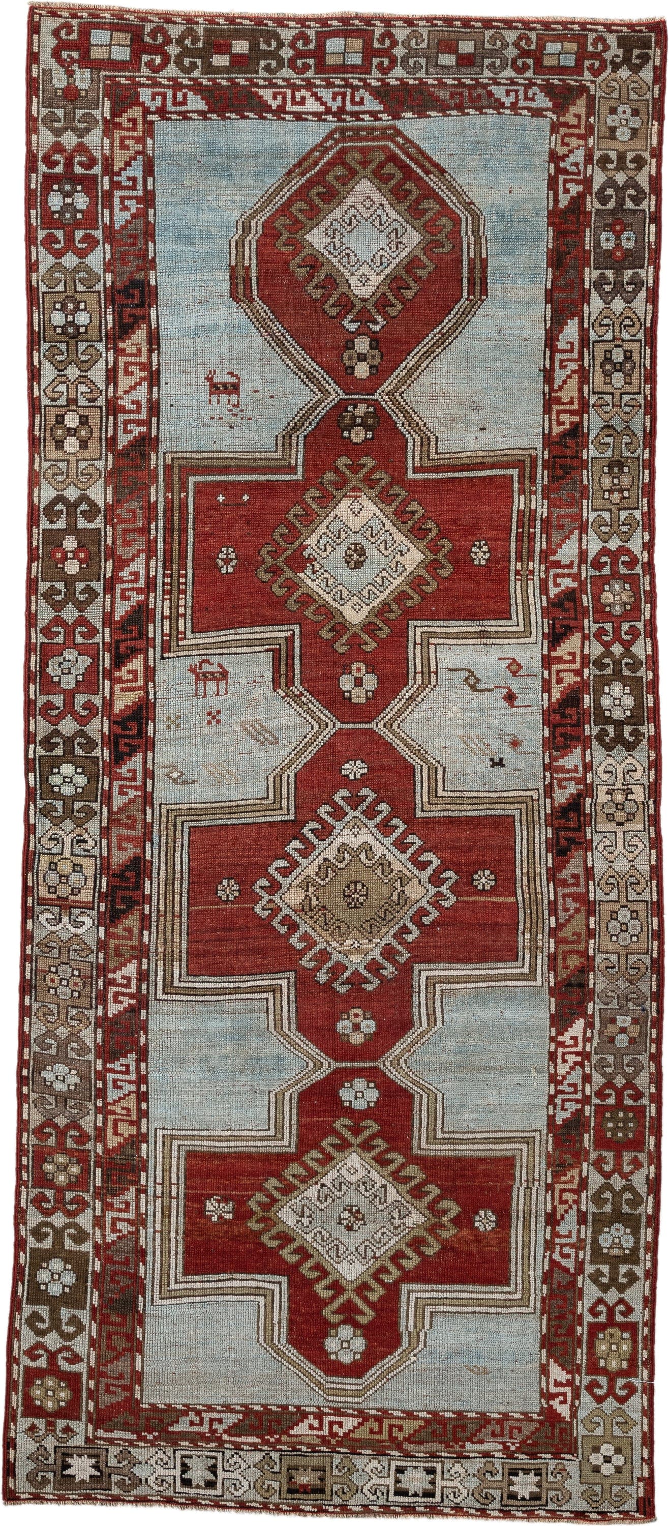 3' x 8' one-of-a-kind handmade vintage Caucasian runner rug. Color palette: ivory, rust, taupe, brown, crimson, charcoal