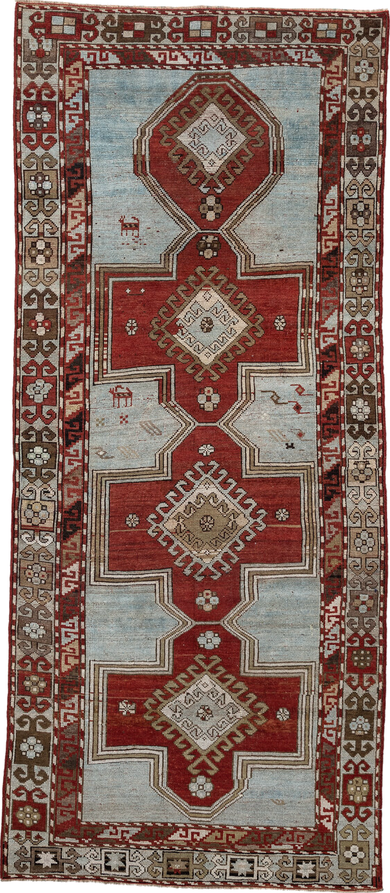 3' x 8' one-of-a-kind handmade vintage Caucasian runner rug. Color palette: antiquewhite, brown, dark gray, gainsboro, gray