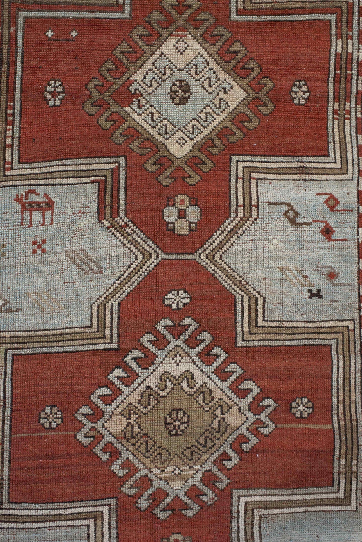 3' x 8' one-of-a-kind handmade vintage Caucasian runner rug. Color palette: ivory, rust, taupe, brown, crimson, charcoal