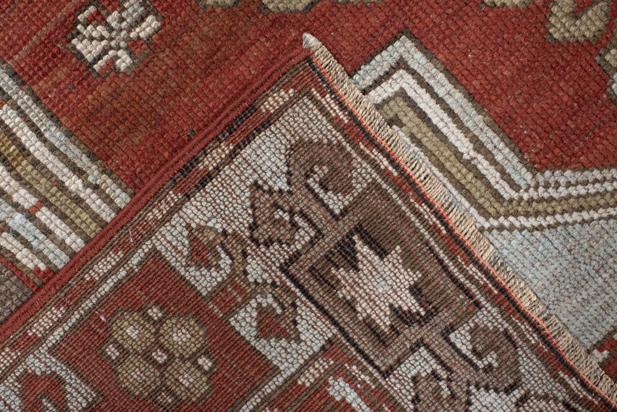 3' x 8' one-of-a-kind handmade vintage Caucasian runner rug. Color palette: ivory, rust, taupe, brown, crimson, charcoal
