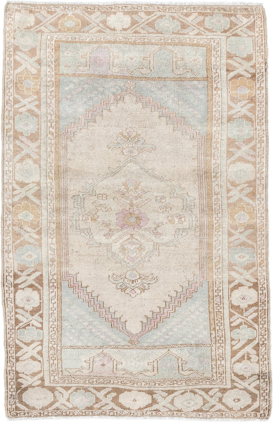 2' x 4' one-of-a-kind handmade antique Anatolian small size rug. Color palette: ivory, camel, pale blue, blush, taupe, beige