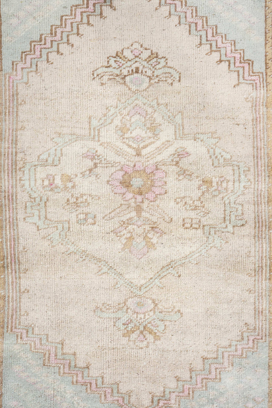 2' x 4' one-of-a-kind handmade antique Anatolian small size rug. Color palette: ivory, camel, pale blue, blush, taupe, beige
