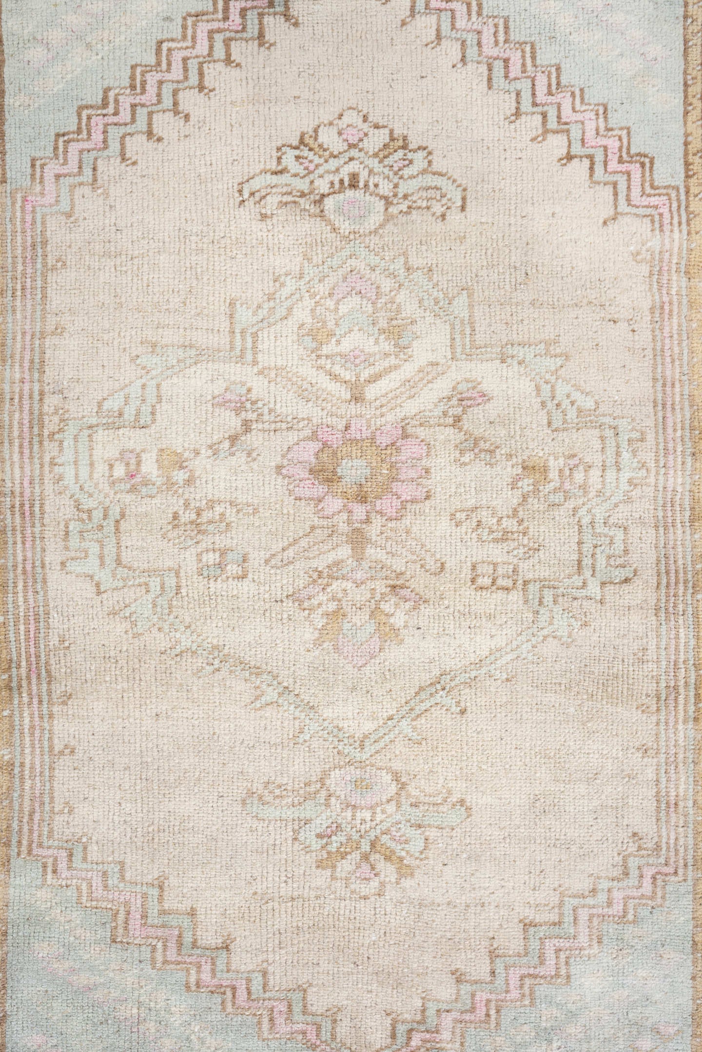 2' x 4' one-of-a-kind handmade antique Anatolian small size rug. Color palette: ivory, camel, pale blue, blush, taupe, beige