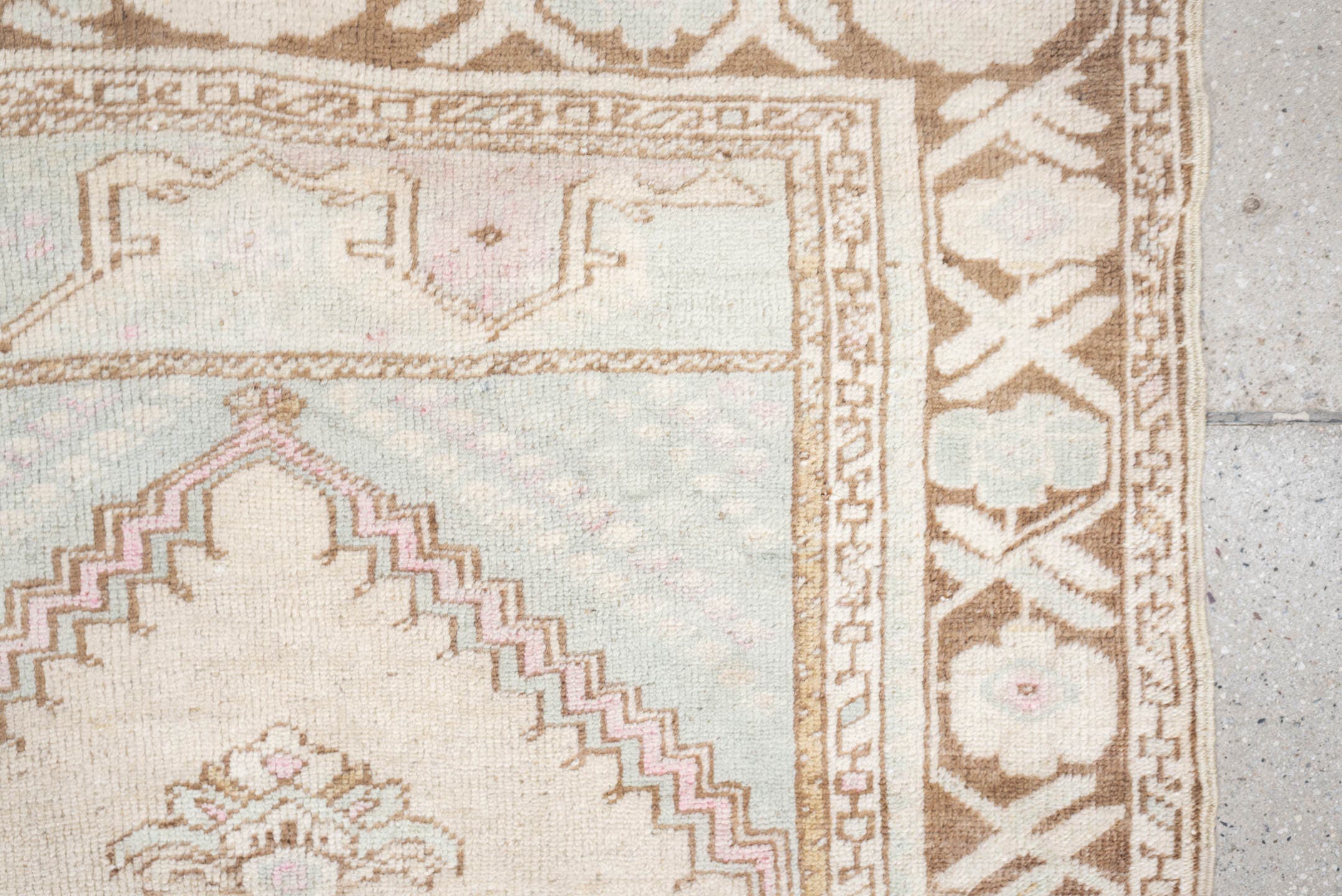 2' x 4' one-of-a-kind handmade antique Anatolian small size rug. Color palette: ivory, camel, pale blue, blush, taupe, beige