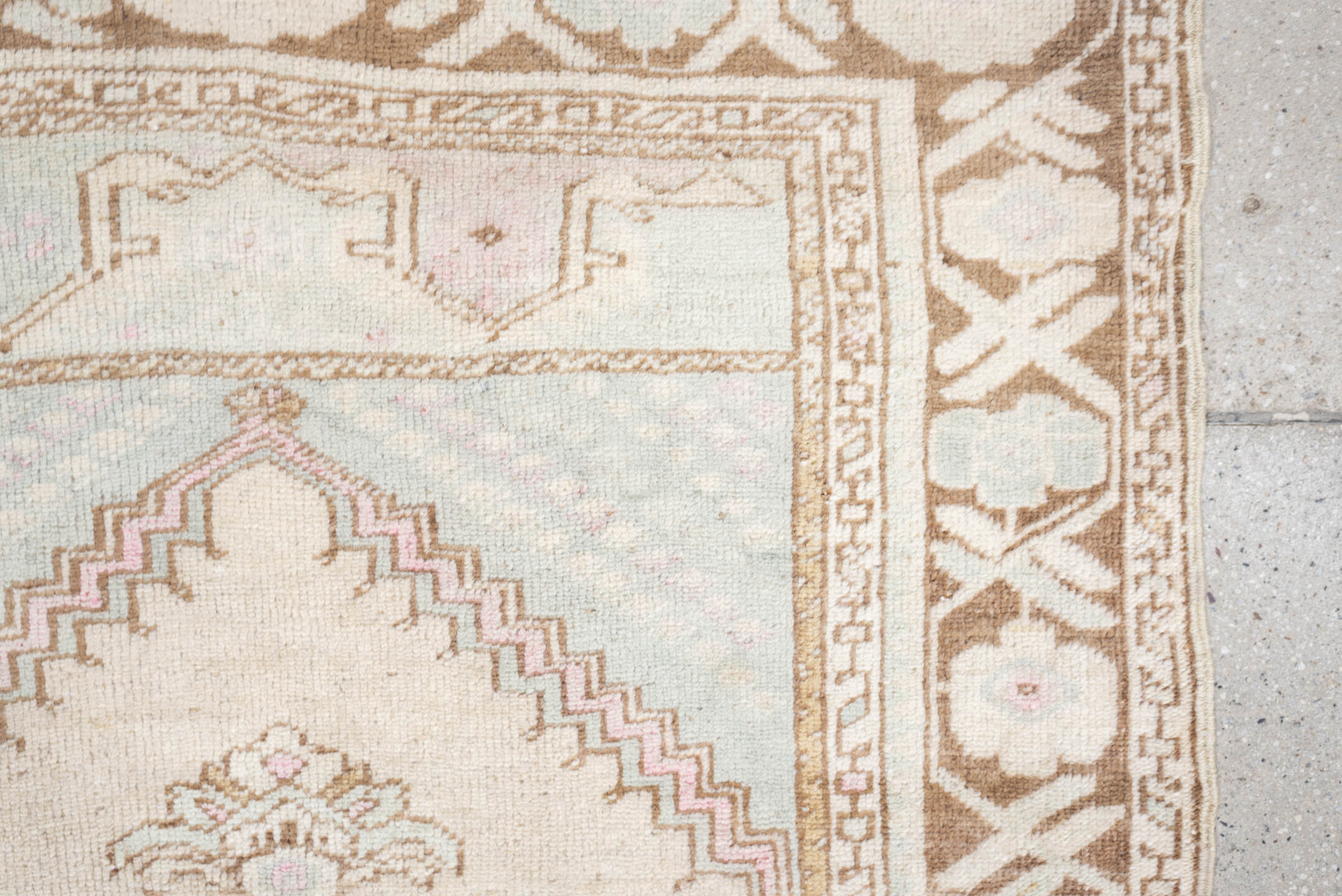 2' x 4' one-of-a-kind handmade antique Anatolian small size rug. Color palette: ivory, camel, pale blue, blush, taupe, beige