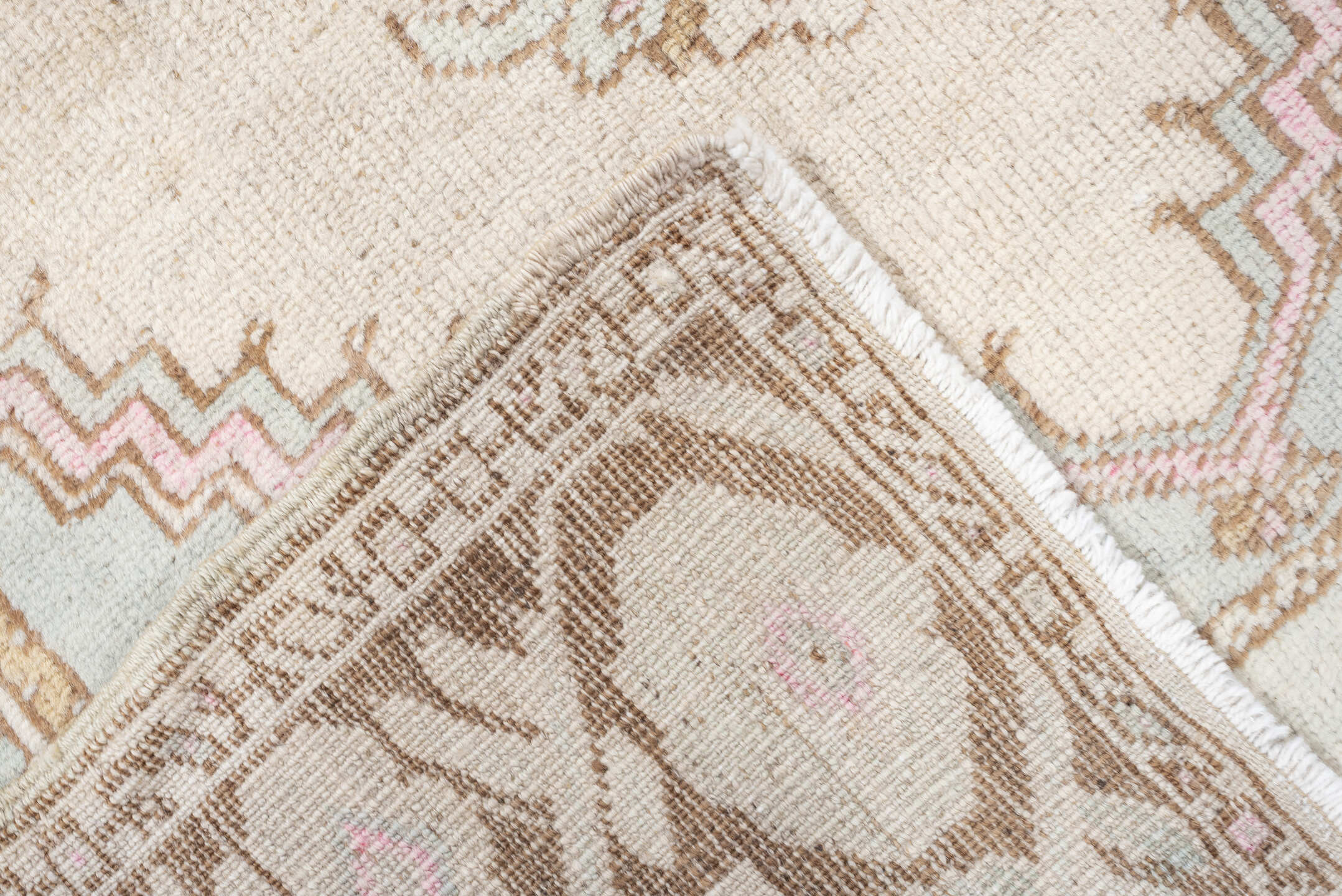 2' x 4' one-of-a-kind handmade antique Anatolian small size rug. Color palette: ivory, camel, pale blue, blush, taupe, beige