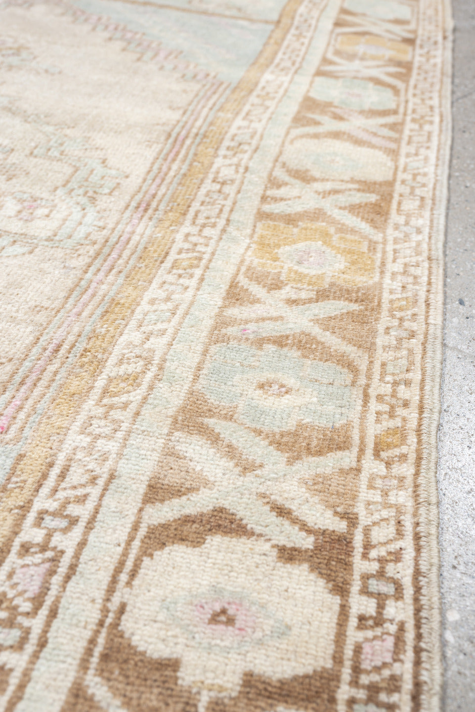 2' x 4' one-of-a-kind handmade antique Anatolian small size rug. Color palette: ivory, camel, pale blue, blush, taupe, beige