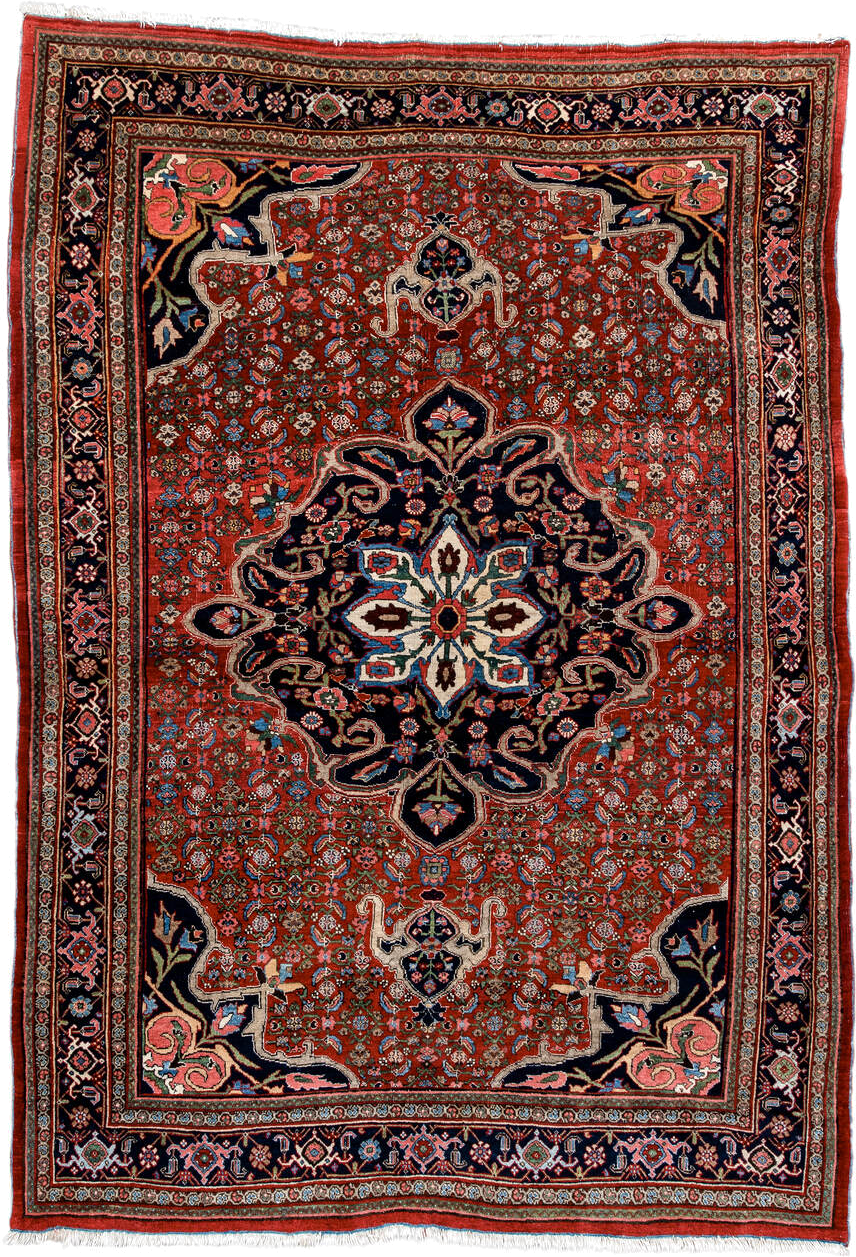 4' x 6' one-of-a-kind handmade antique Bidjar small size rug. Color palette: rust, navy, ivory, sky blue, rose, camel, sage