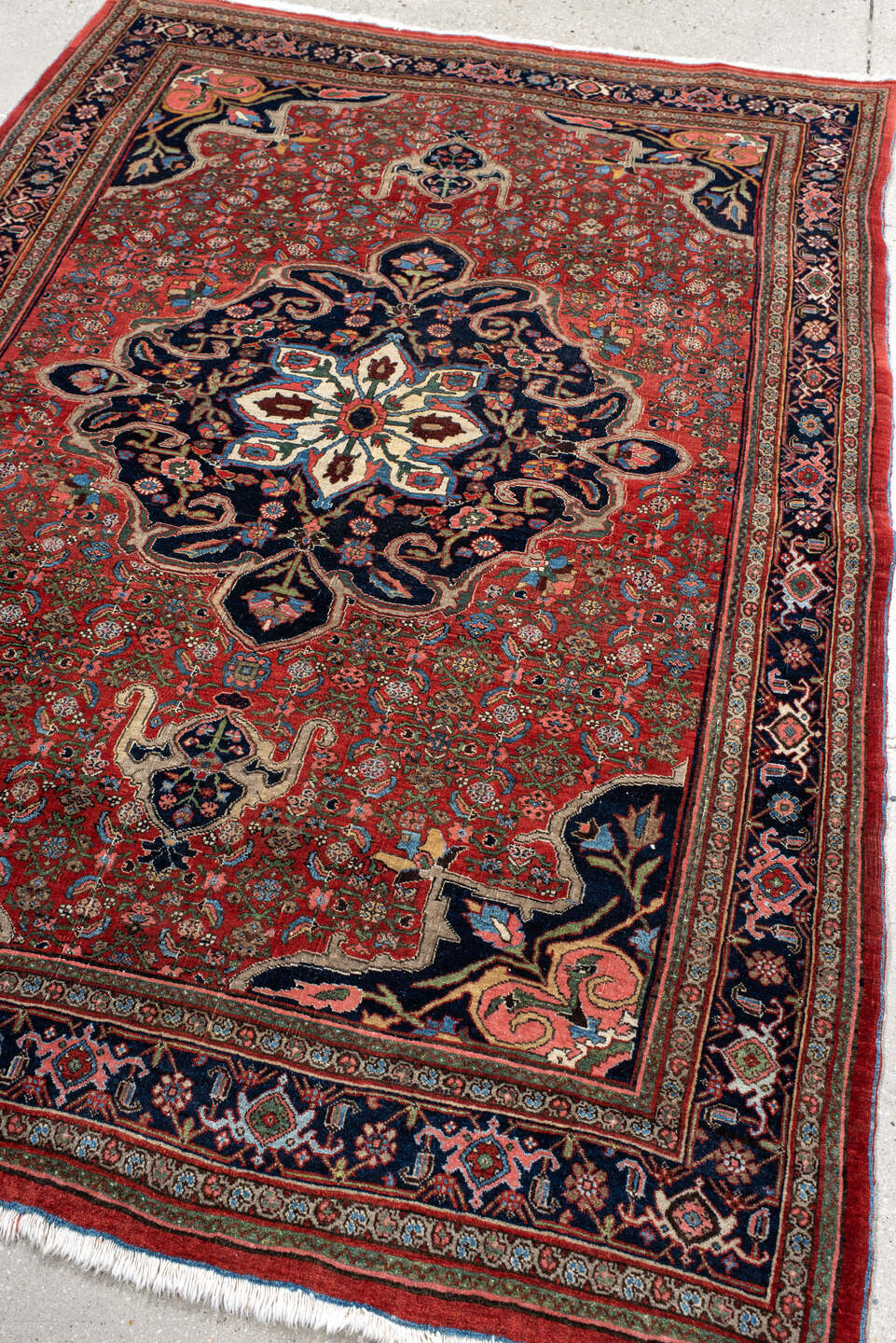 4' x 6' one-of-a-kind handmade antique Bidjar small size rug. Color palette: rust, navy, ivory, sky blue, rose, camel, sage