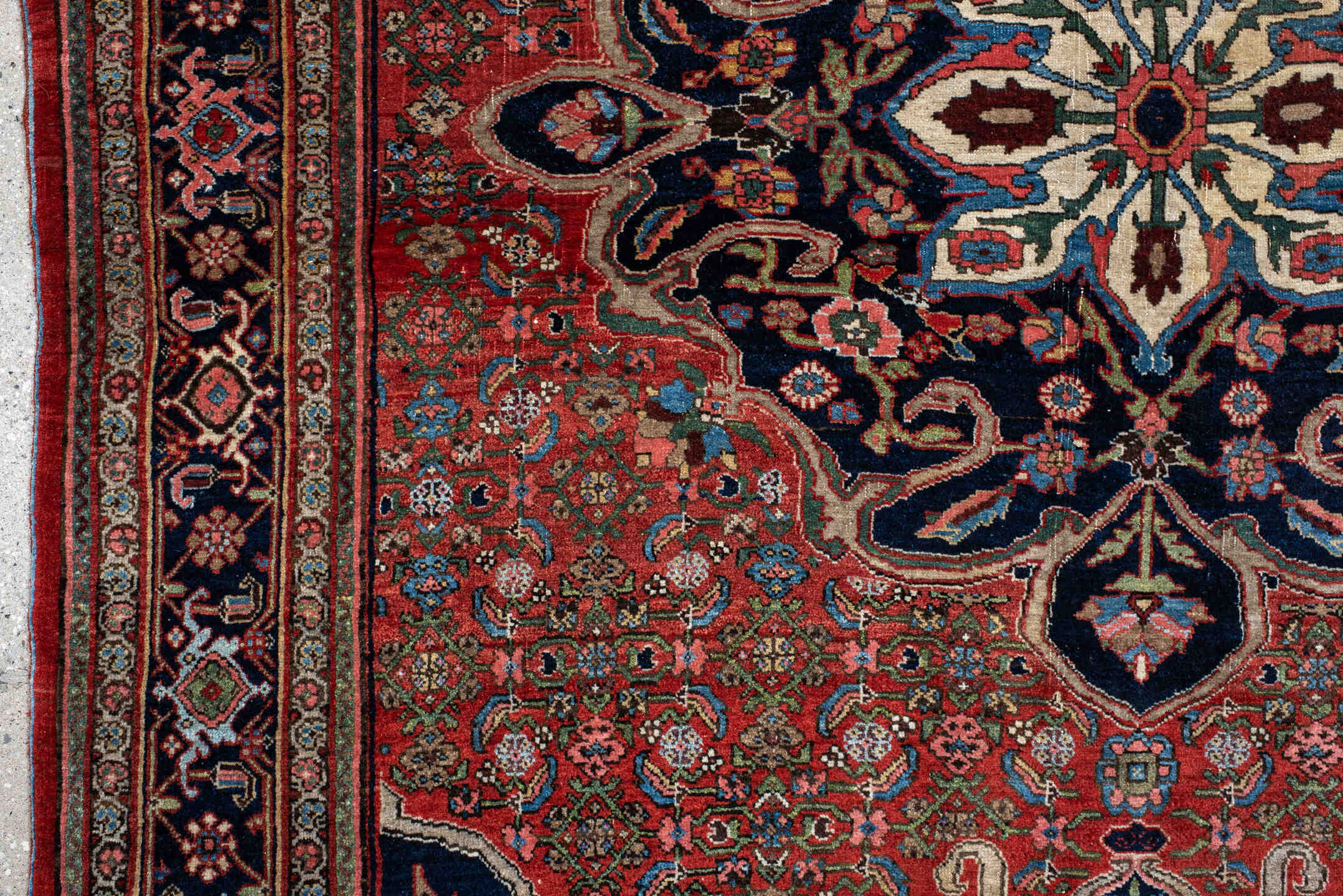 4' x 6' one-of-a-kind handmade antique Bidjar small size rug. Color palette: rust, navy, ivory, sky blue, rose, camel, sage