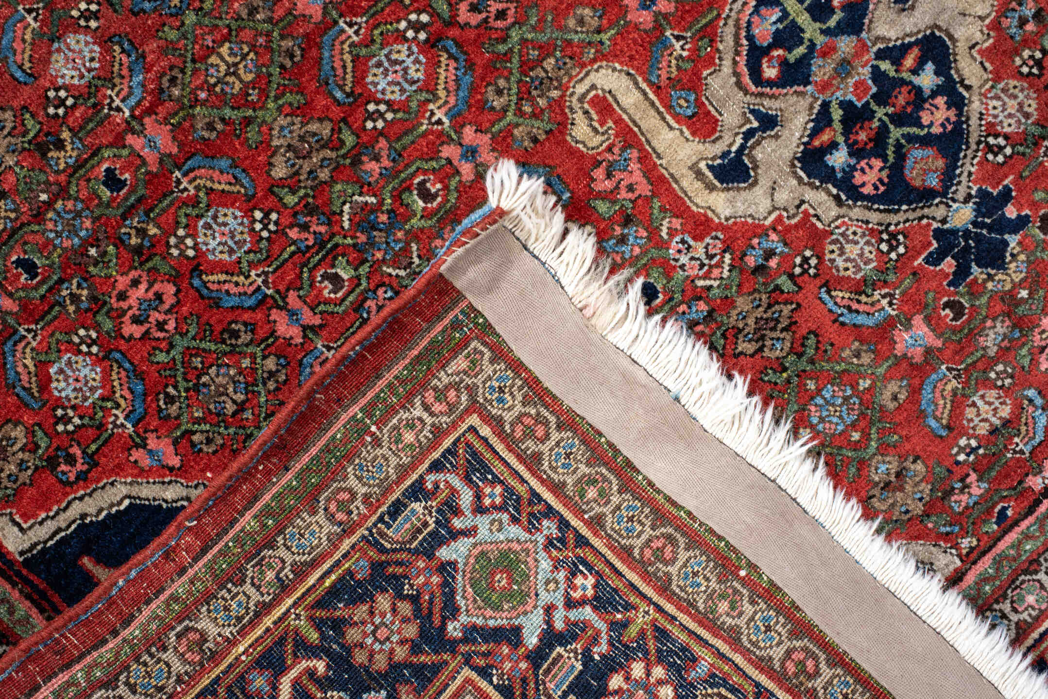 4' x 6' one-of-a-kind handmade antique Bidjar small size rug. Color palette: rust, navy, ivory, sky blue, rose, camel, sage