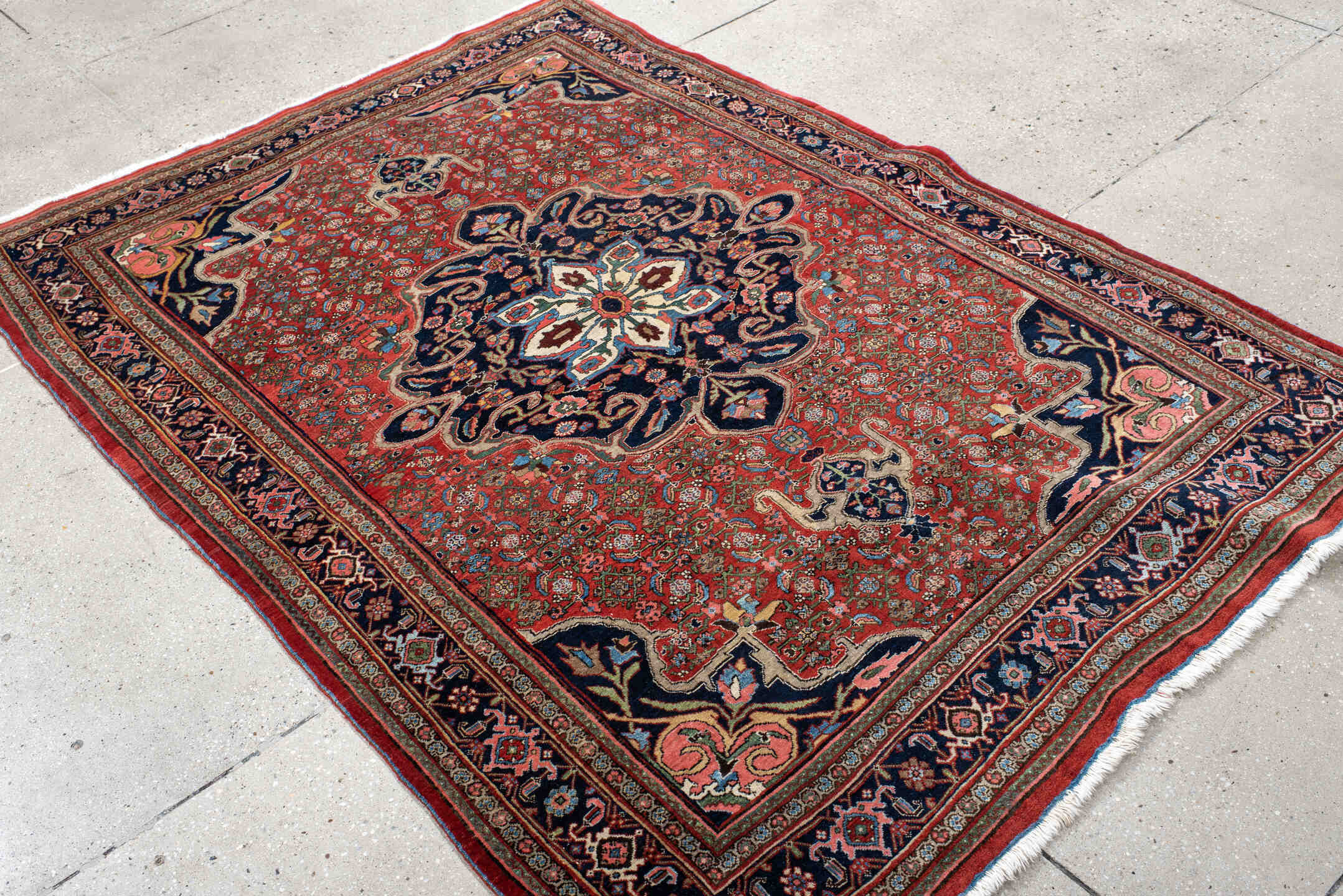 4' x 6' one-of-a-kind handmade antique Bidjar small size rug. Color palette: rust, navy, ivory, sky blue, rose, camel, sage