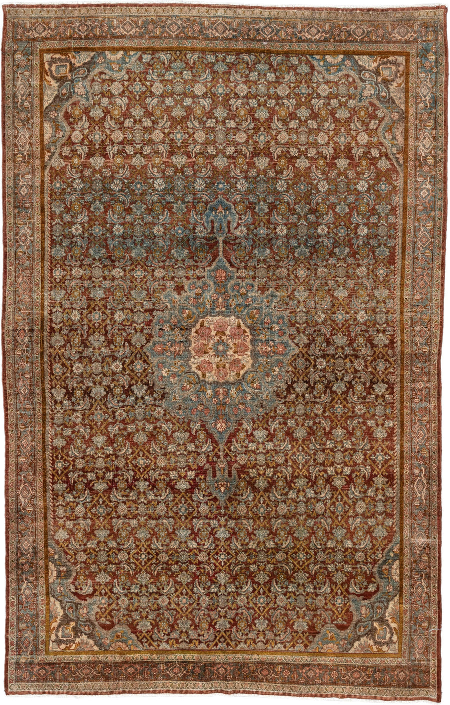 4' x 7' one-of-a-kind handmade vintage Bidjar rug. Color palette: rust, ivory, pale blue, taupe, rose, gold, brown